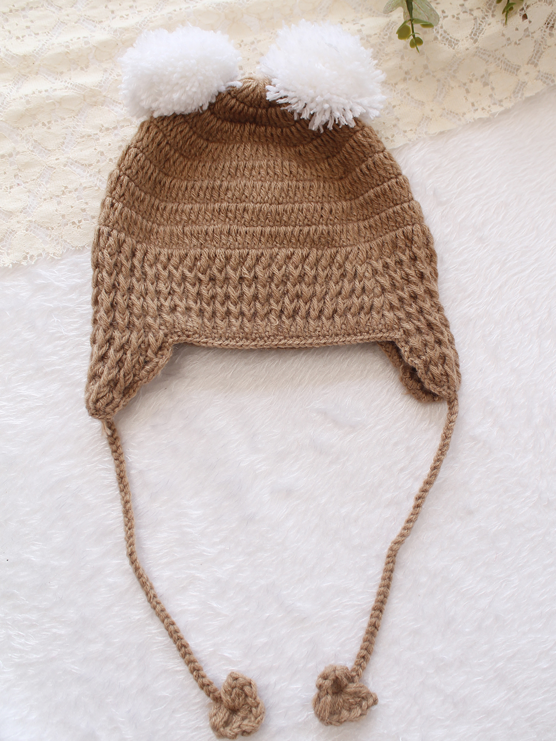 Woonie Crochet Bear Detailed with Pom Pom Cap - Beige