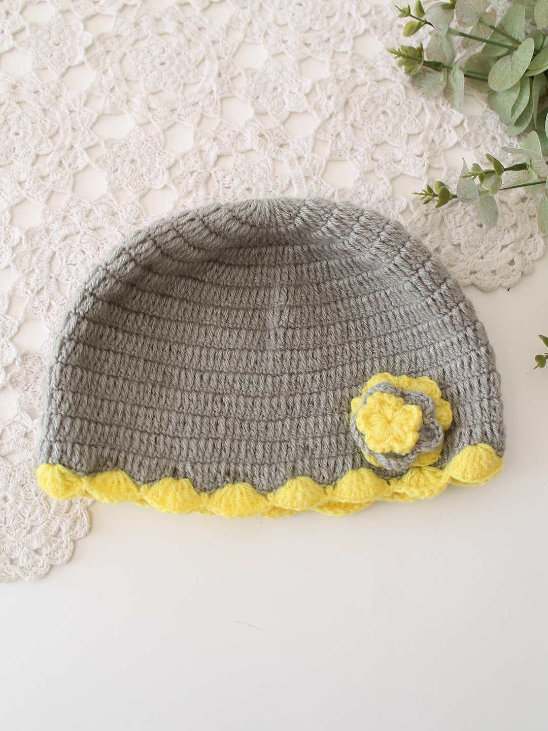 Woonie Crochet Floral Applique Detailed Cap - Light Grey