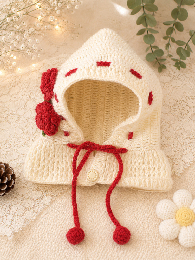 Image of Woonie Crochet Floral Applique Hooded with Ear Cap - Cream