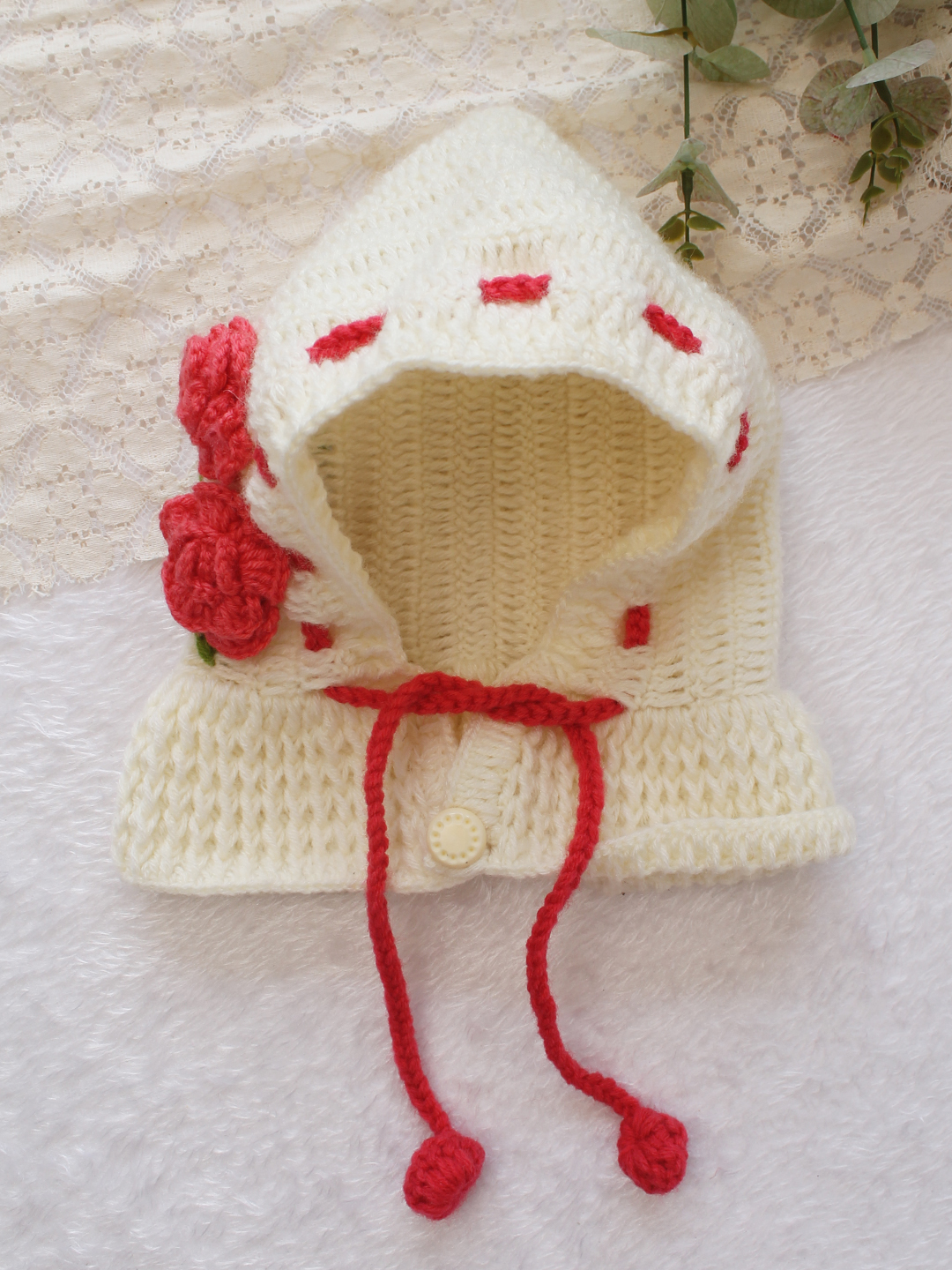 Woonie Crochet Floral Applique Hooded with Ear Cap - Cream