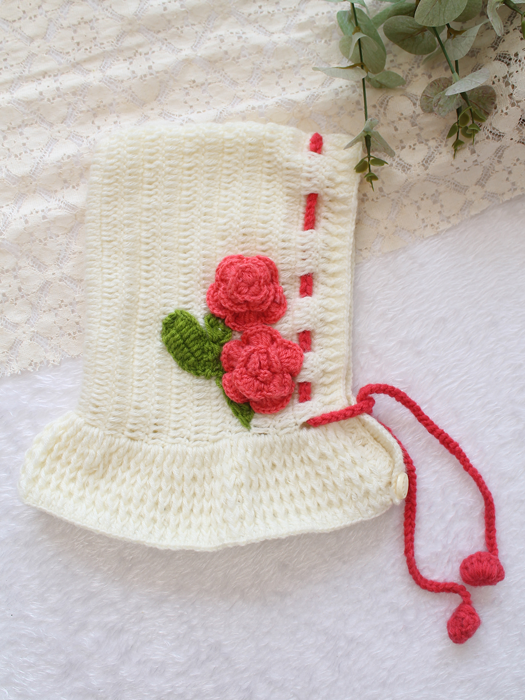 Woonie Crochet Floral Applique Hooded with Ear Cap - Cream