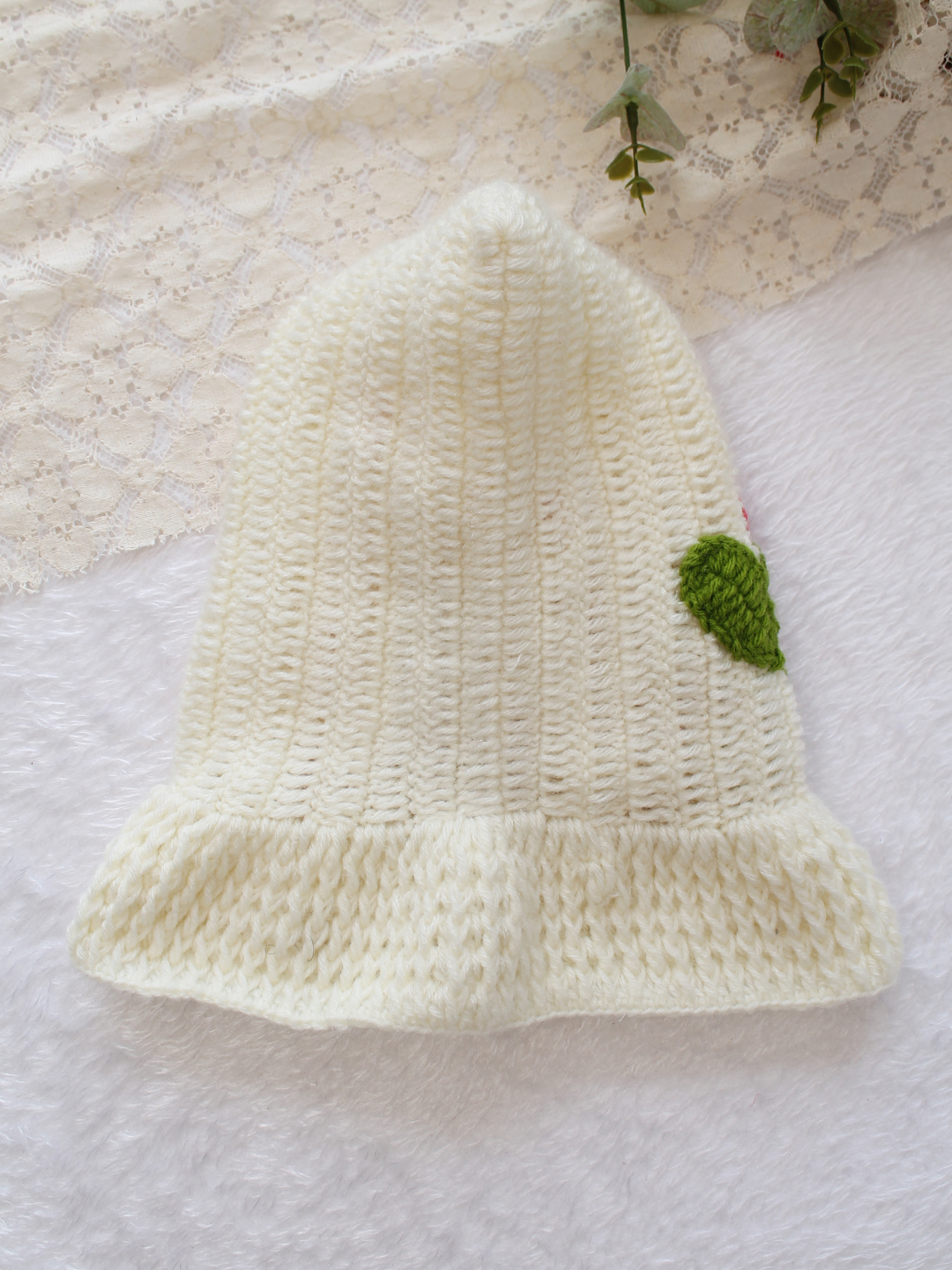 Woonie Crochet Floral Applique Hooded with Ear Cap - Cream