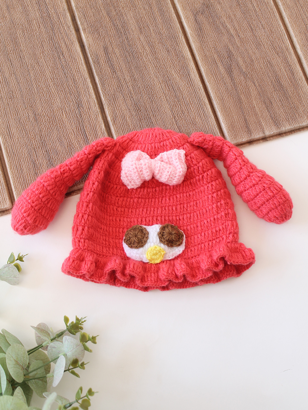 Woonie Crochet Long Bunny Ear Detailed Cap - Pink