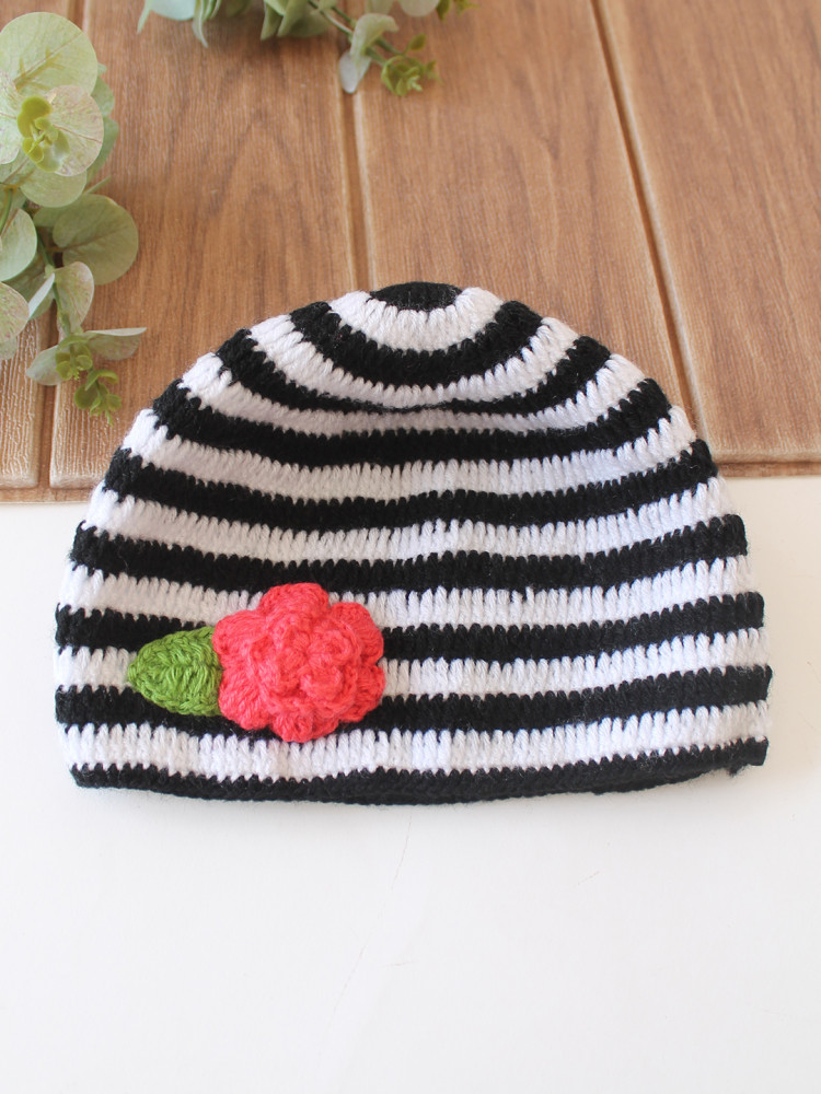 Image of Woonie Crochet Striped &amp; Floral Applique Detailed Cap - Multicolor