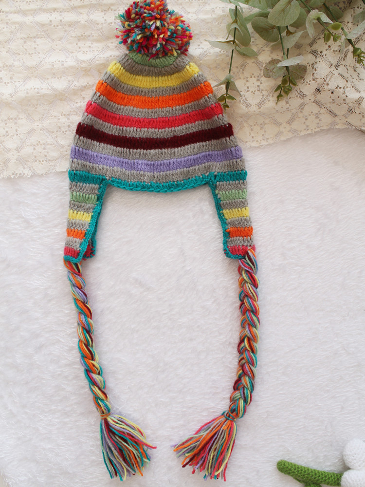 Image of Woonie Crochet Striped Detailed Cap - Multicolor