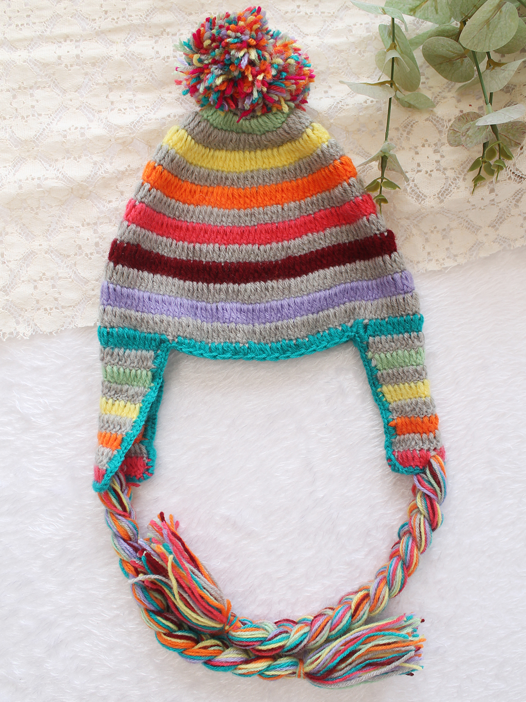 Woonie Crochet Striped Detailed Cap - Multicolor