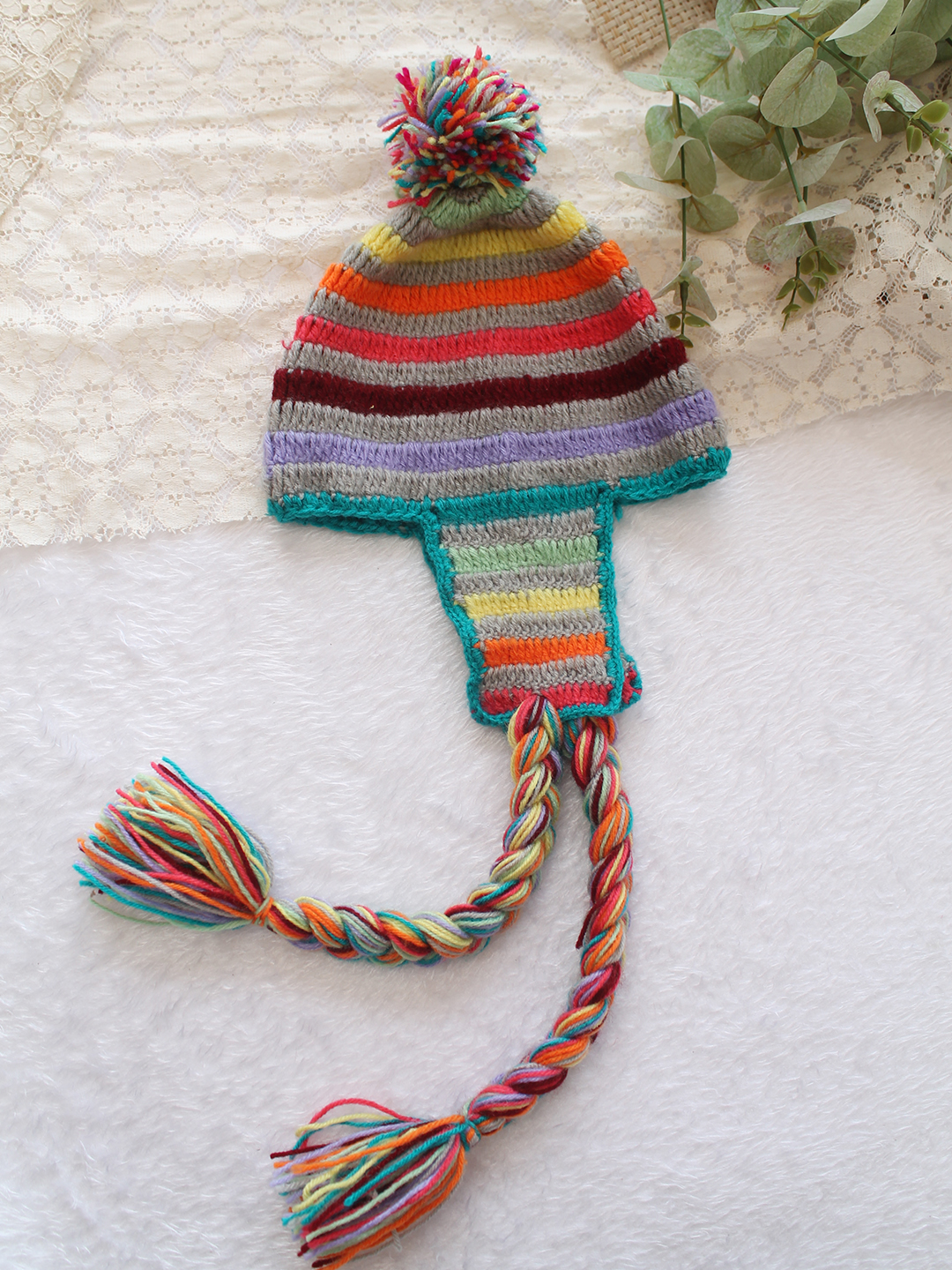 Woonie Crochet Striped Detailed Cap - Multicolor