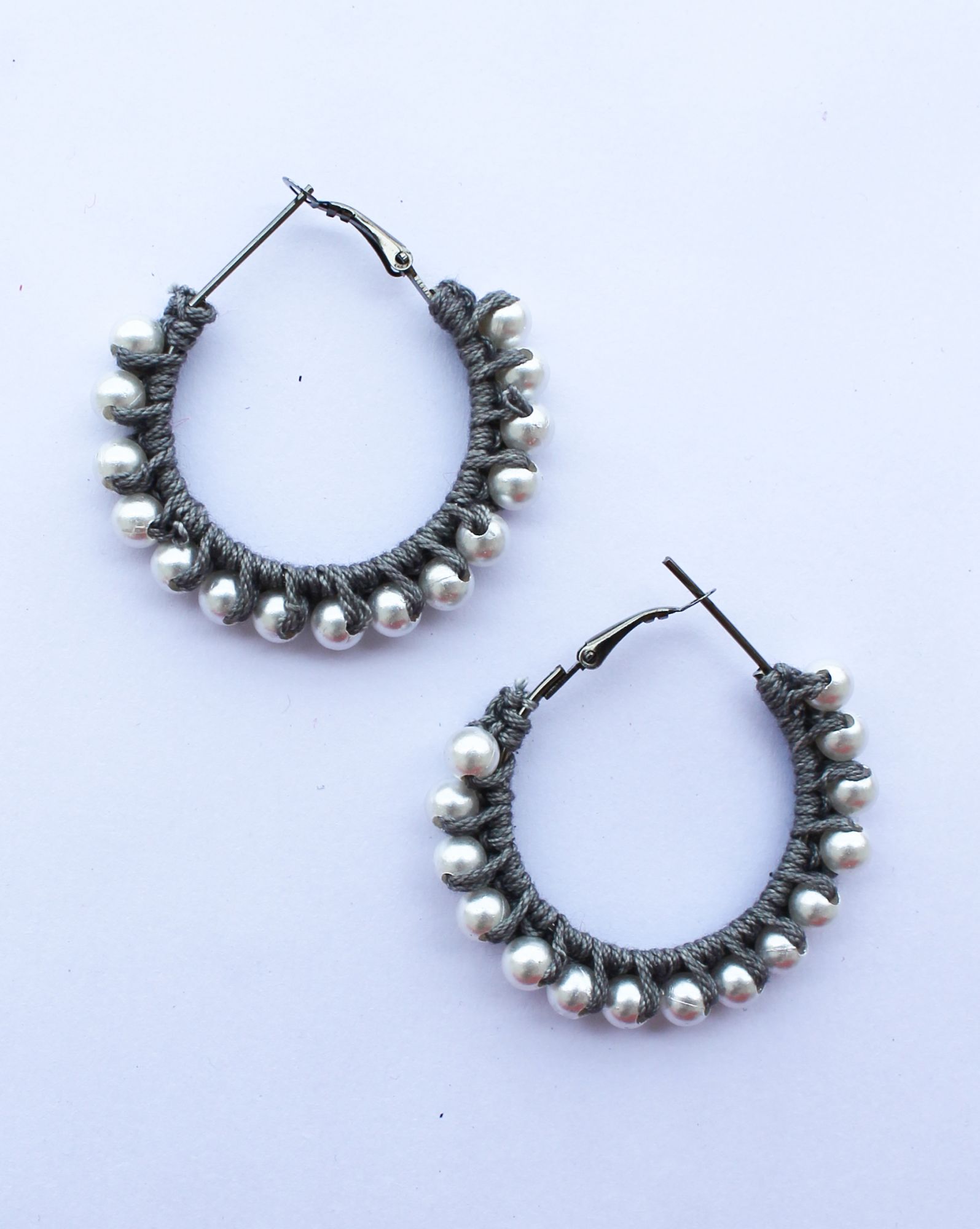 Woonie Handmade Crocheted Pearl Embellished EaringsGrey