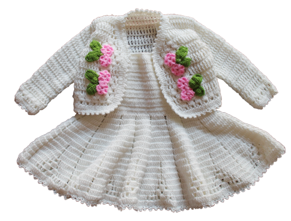 Woonie Handmade Woolen Cream Frock with Jacket Set for Girls