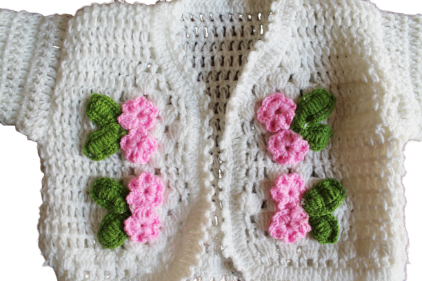 Woonie Handmade Woolen Cream Frock with Jacket Set for Girls