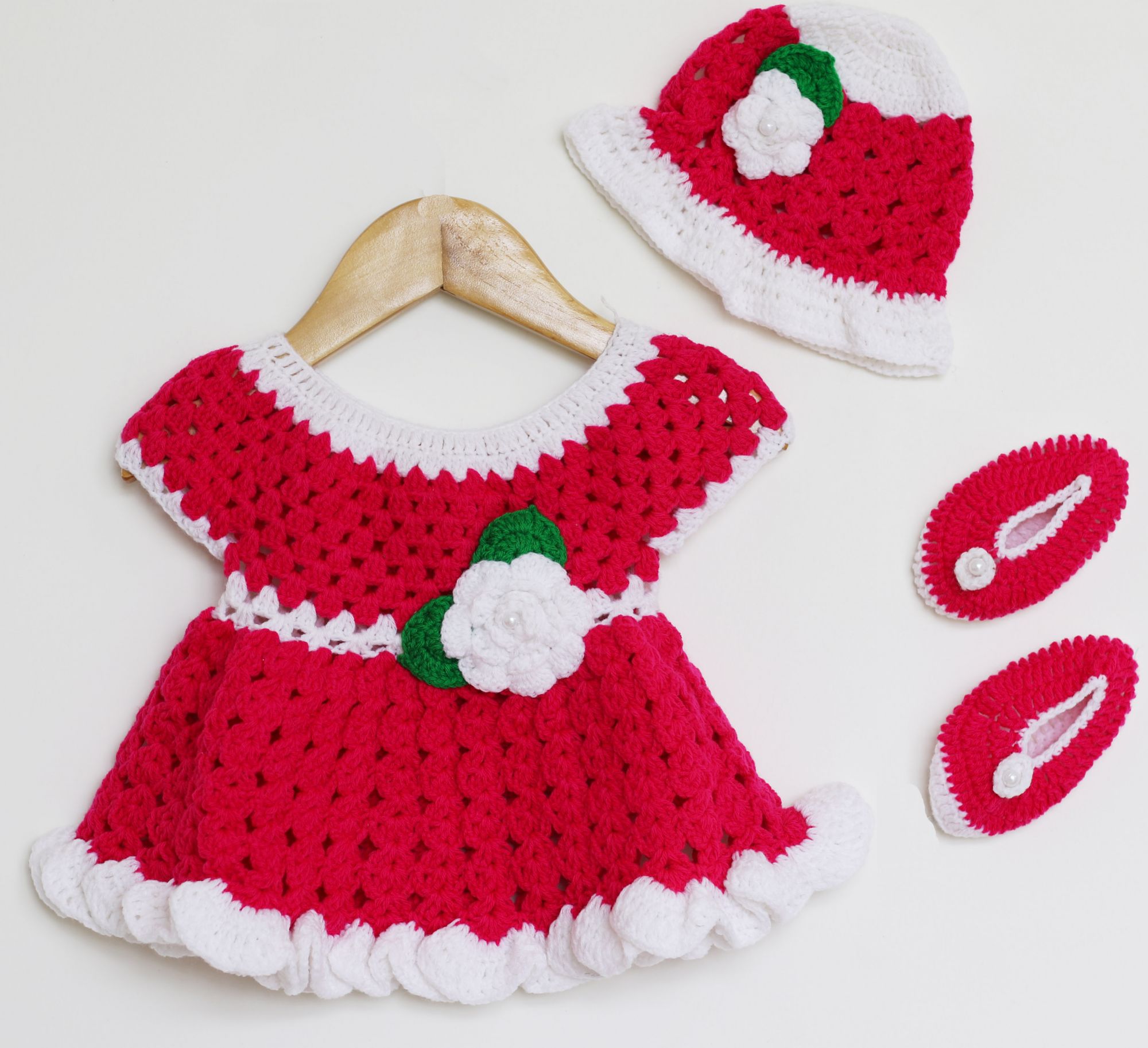 Woonie Handmade Woolen Pink Frock Set for Girls