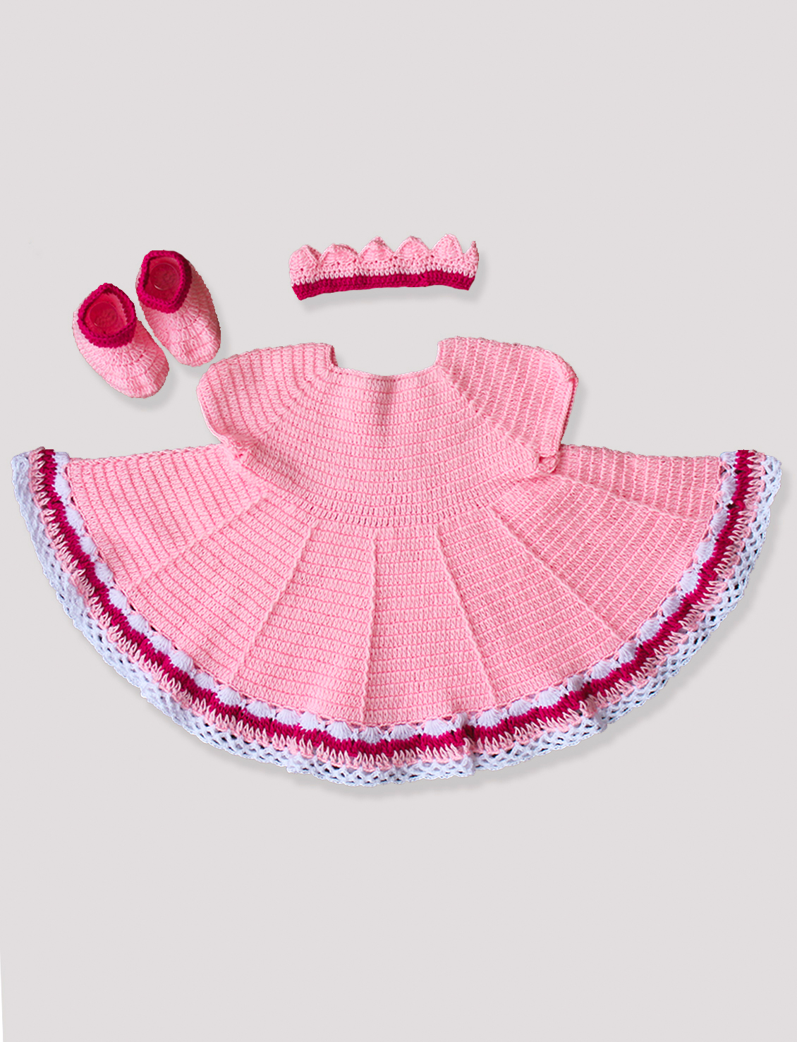 Woonie Handmade Woolen Peach Frock set with Headband and Booties