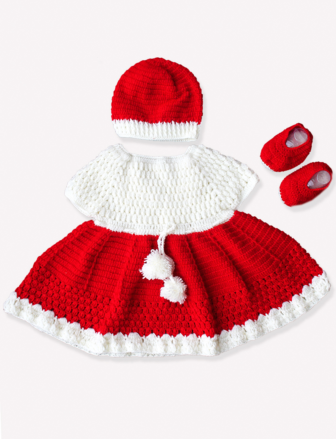 Woonie Handmade Woolen Red Frock Set with Cap and Booties