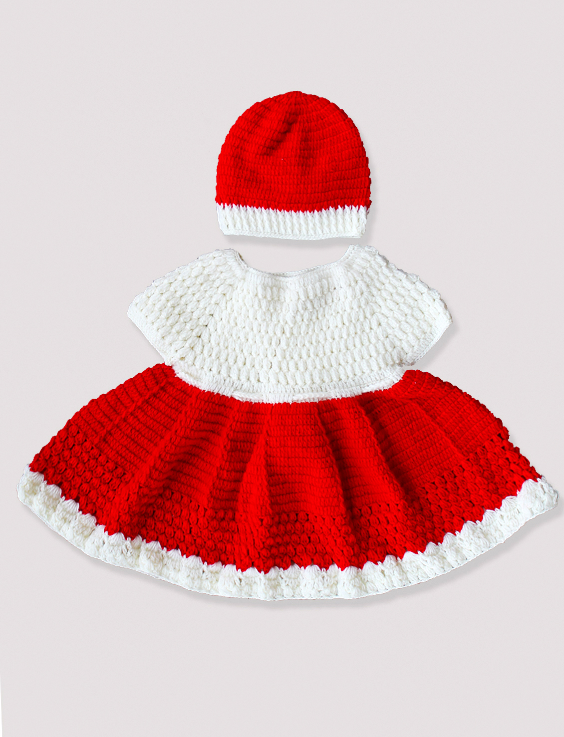 Woonie Handmade Woolen Red Frock Set with Cap and Booties