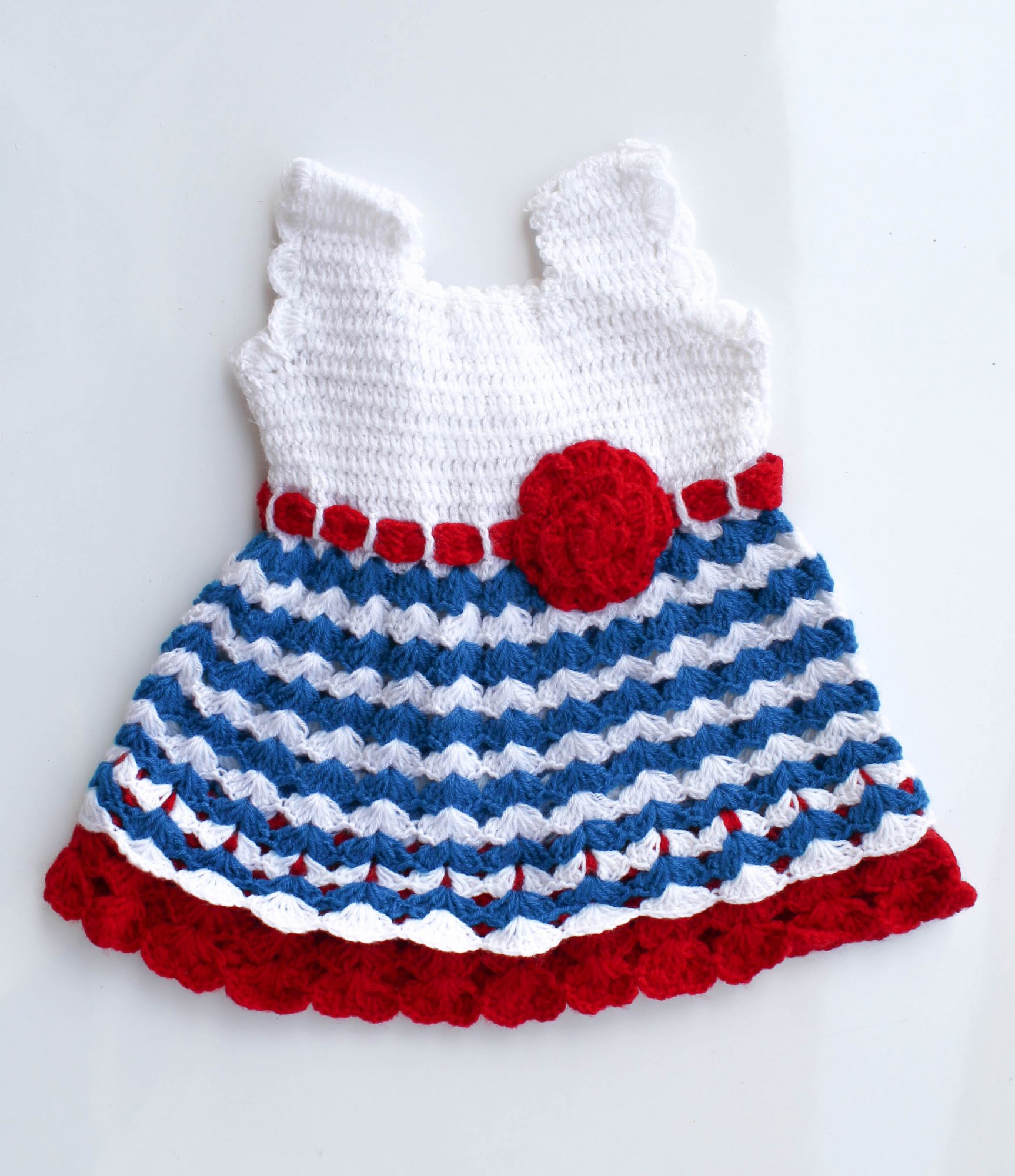 Woonie Handmade Woolen White and Blue Frock