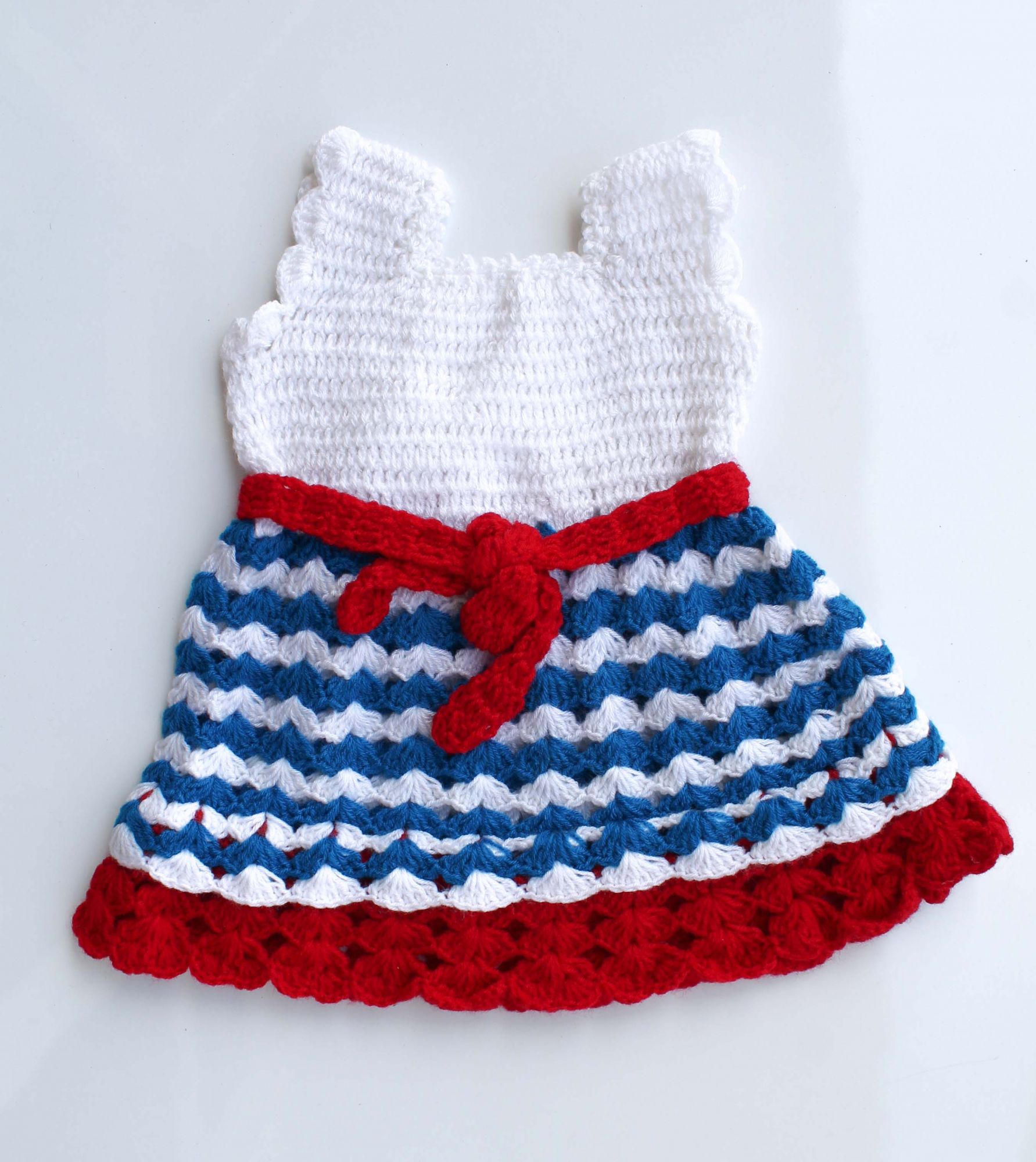 Woonie Handmade Woolen White and Blue Frock