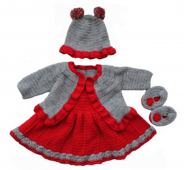 Image of Woonie Handmade Woolen Grey and Red Frock with Shrug Set with Matching Cap and Booties