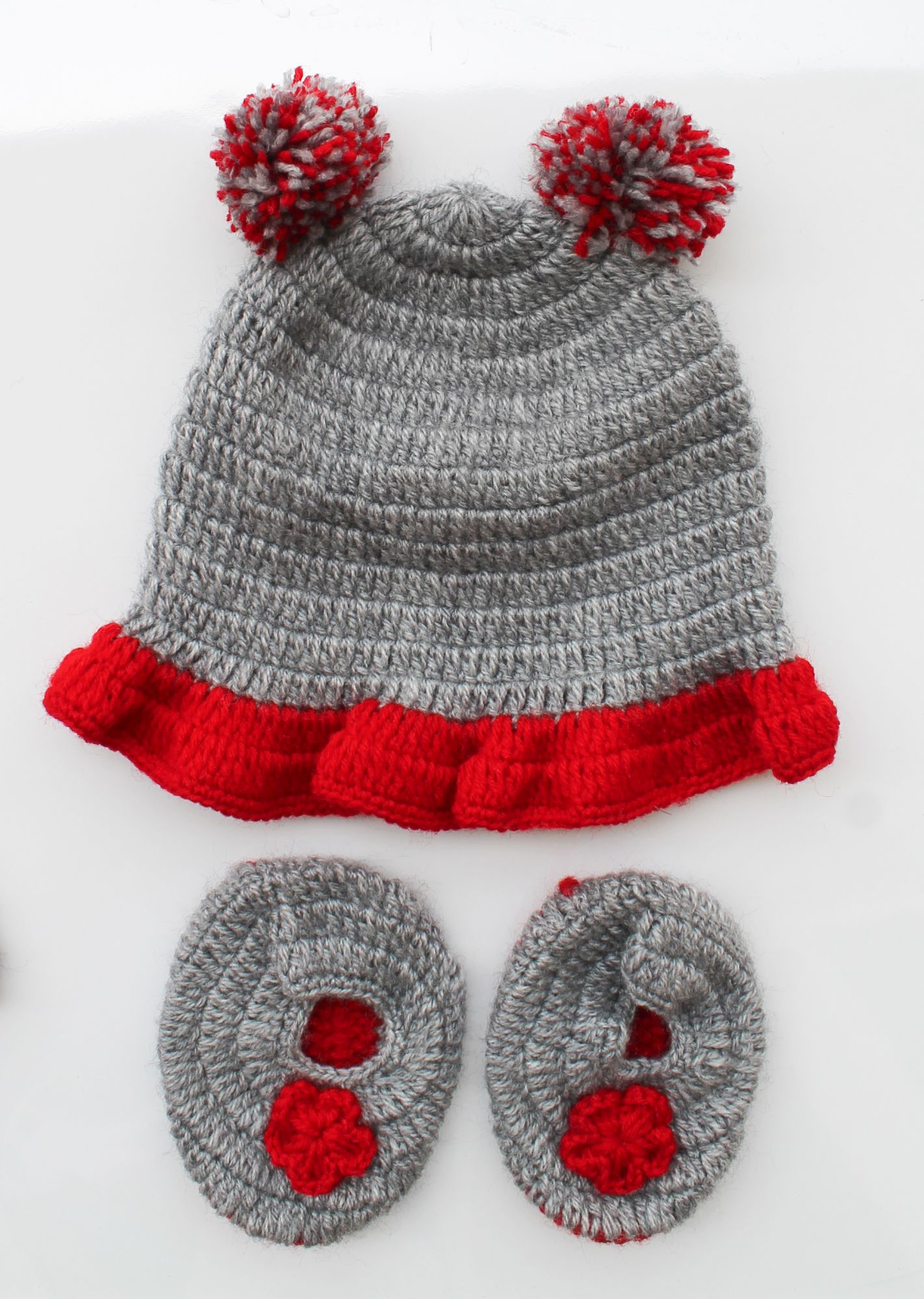 Woonie Handmade Woolen Grey and Red Frock with Shrug Set with Matching Cap and Booties