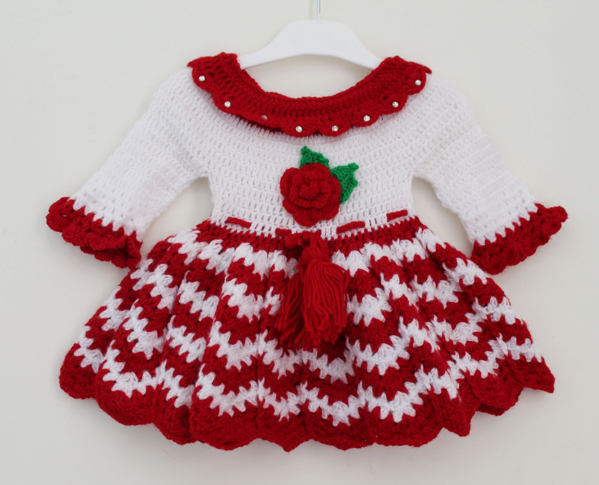 Woonie Handmade Full Sleeves Flower Applique Frock With Cap & booties-White & Red