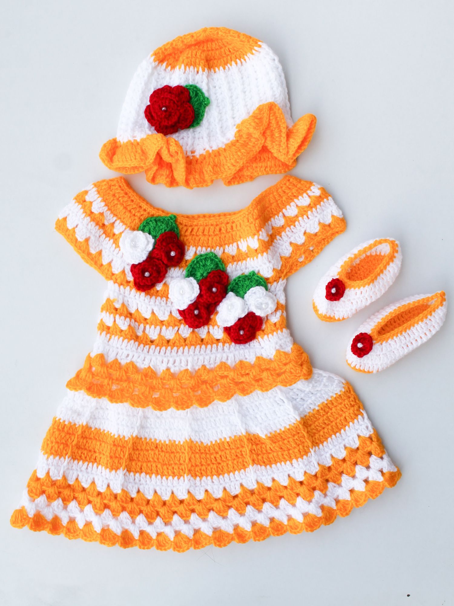 Woonie Handmade Short Sleeves Floral Embellished Dress With Booties & Cap - Yellow