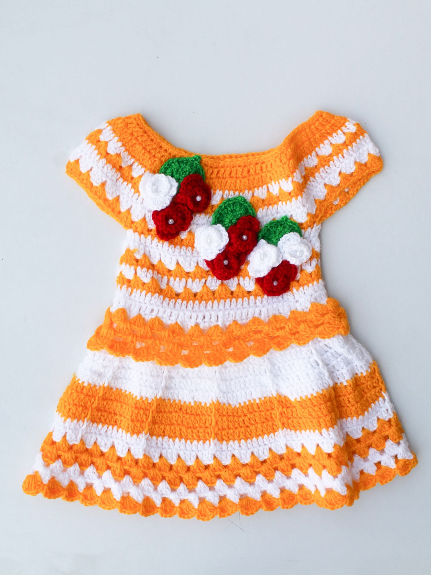 Woonie Handmade Short Sleeves Floral Embellished Dress With Booties & Cap - Yellow