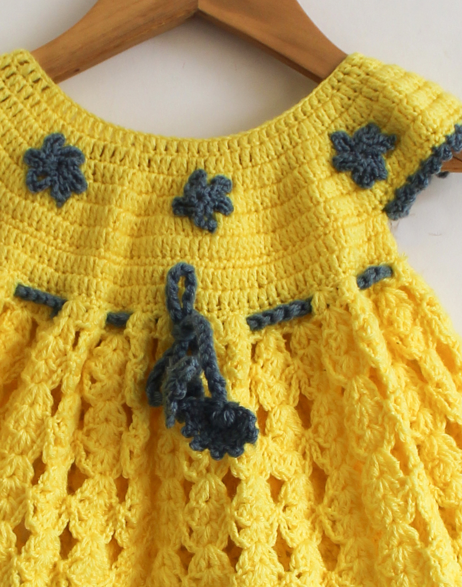 Woonie Short Sleeves Floral Design Handmade Dress - Yellow