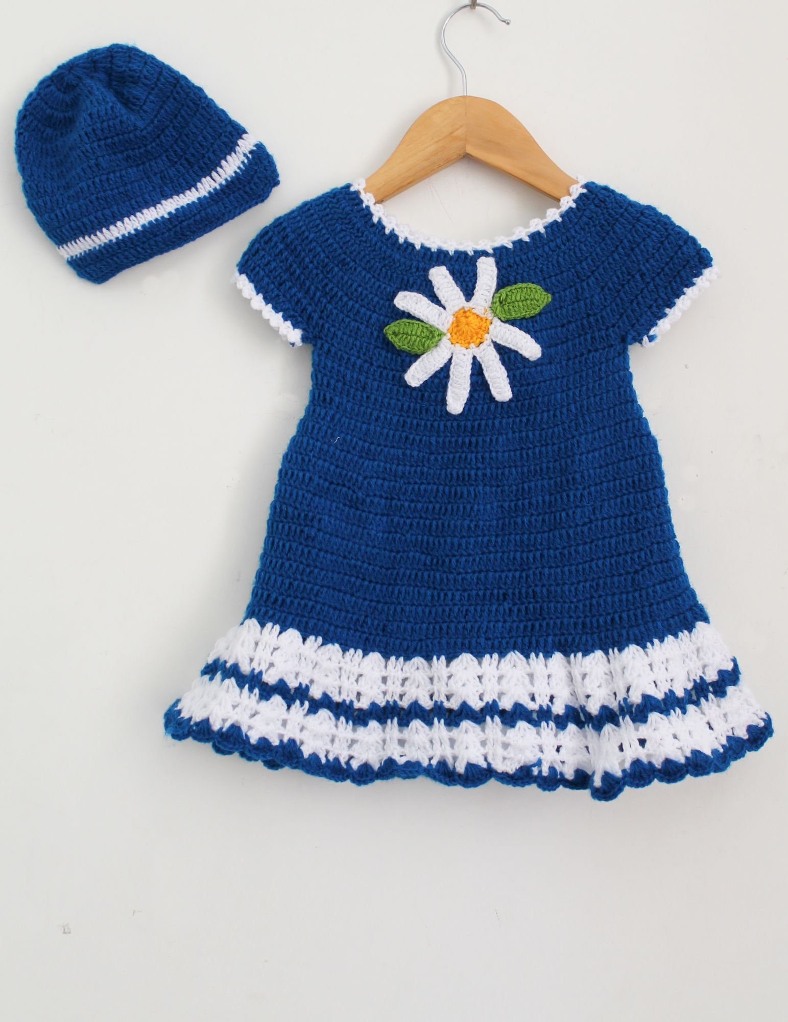 Woonie Short Sleeves Floral Design Handmade Dress - Blue