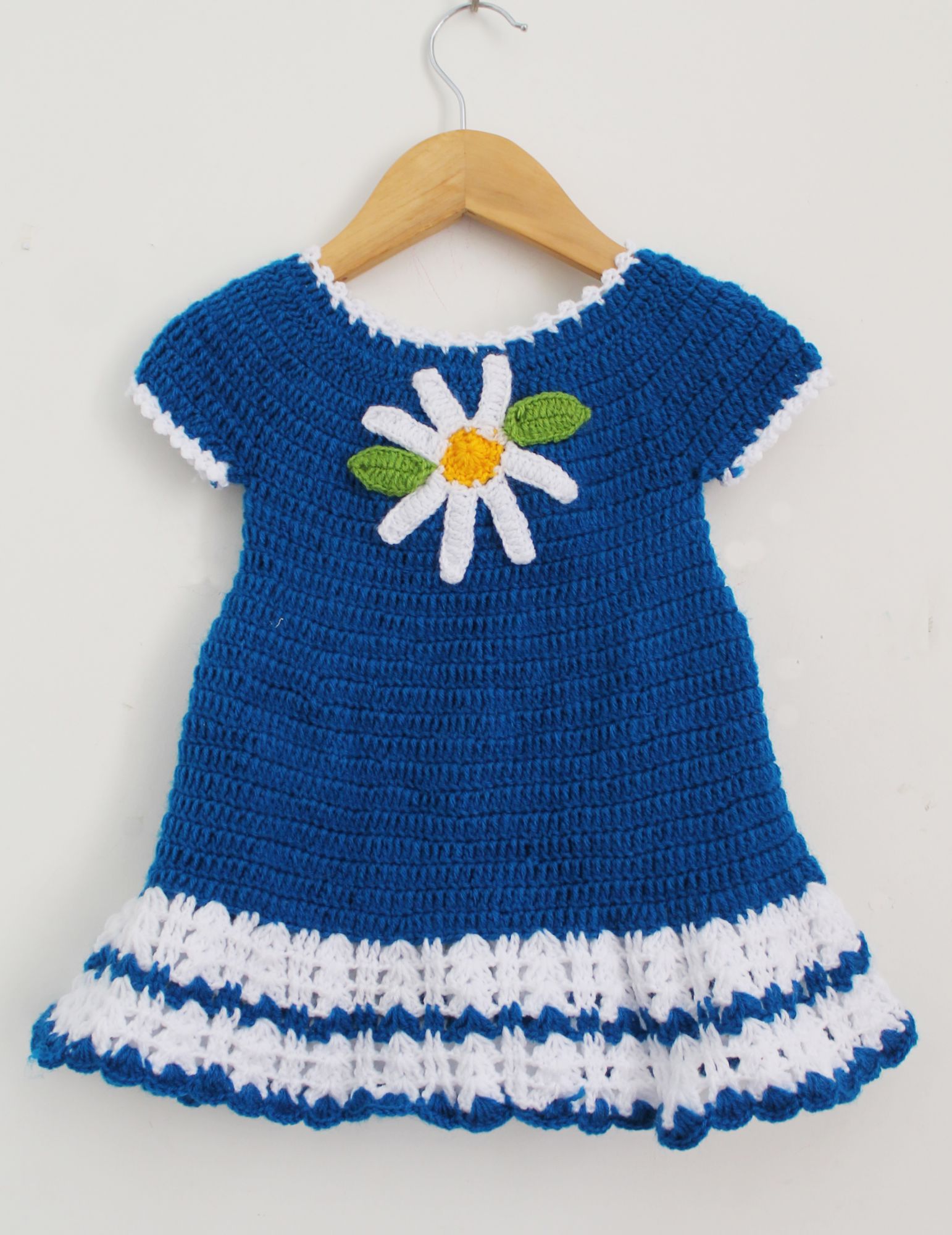 Woonie Short Sleeves Floral Design Handmade Dress - Blue