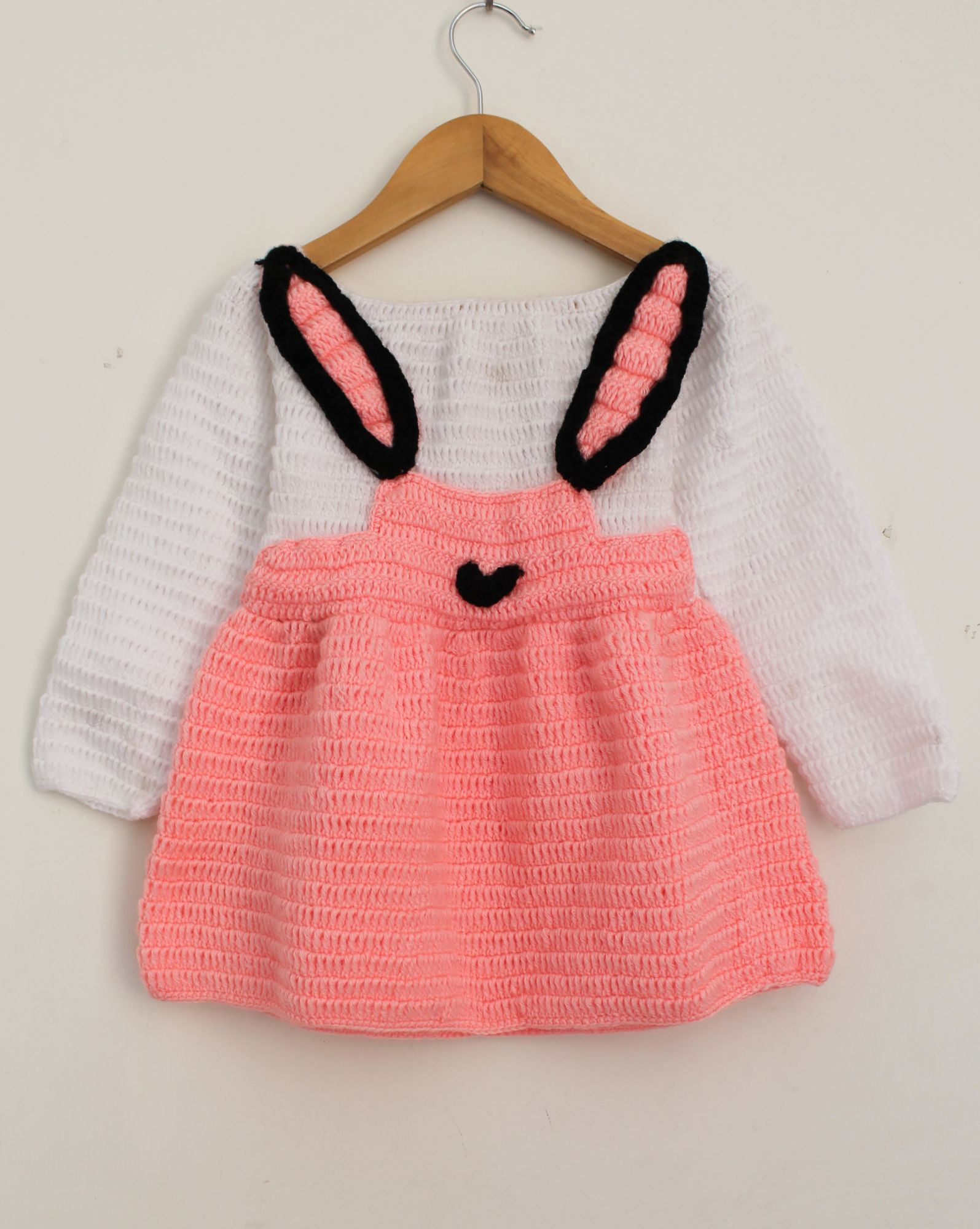 Woonie Full Sleeves Bunny Design Handmade Dress - Peach