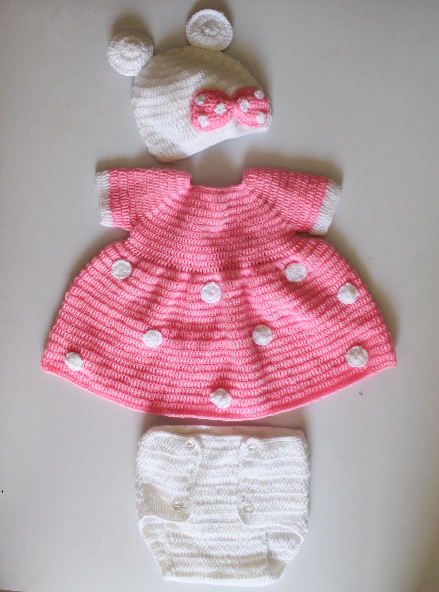 Woonie Half Sleeves Polka Dots Design Handmade Dress With Cap & Bloomer - Pink