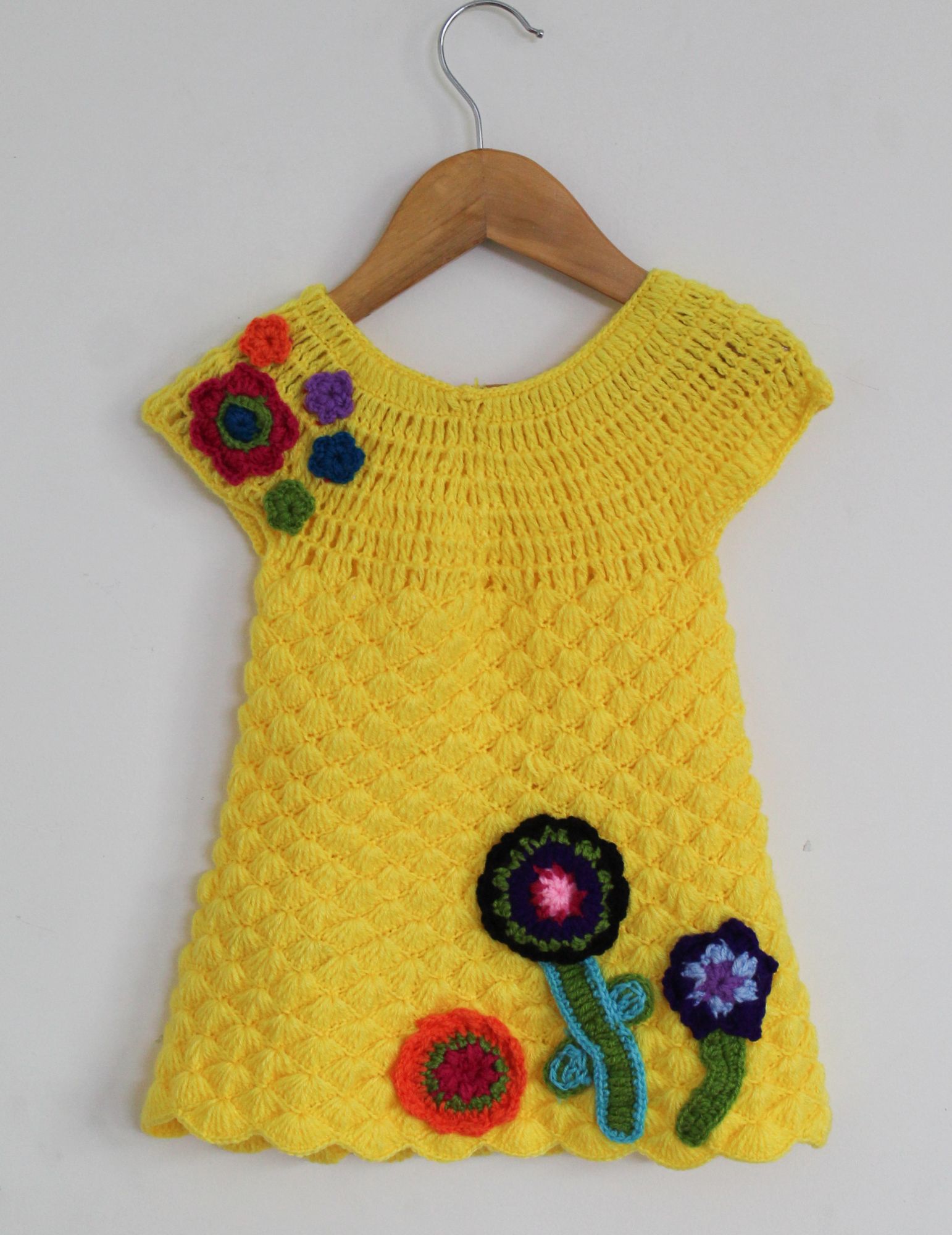 Woonie Short Sleeves Floral Design Handmade Dress - Yellow