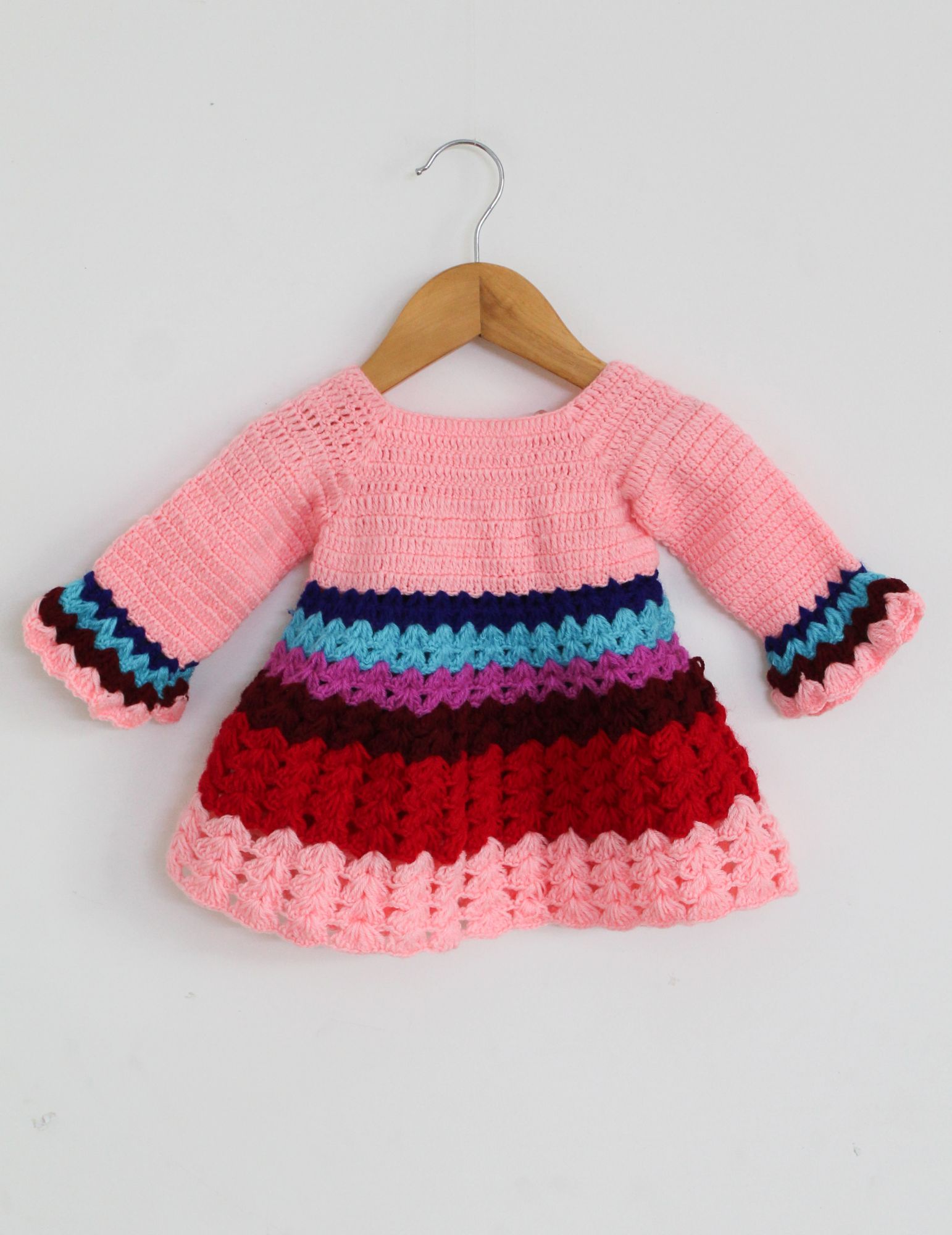 Woonie Full Sleeves Striped Handmade Dress - Multi Colour