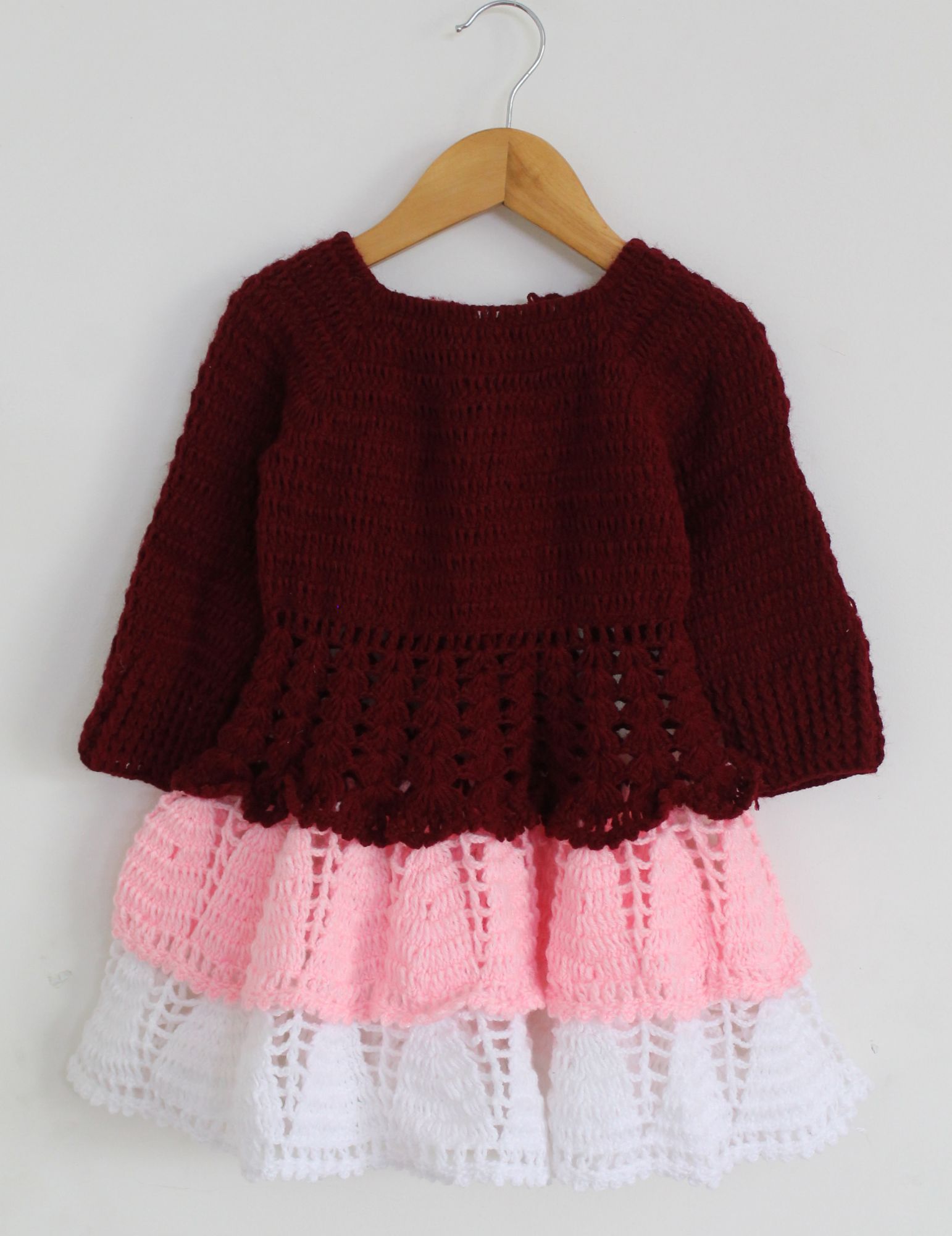 Woonie Full Sleeves Handmade Layered Dress - Maroon