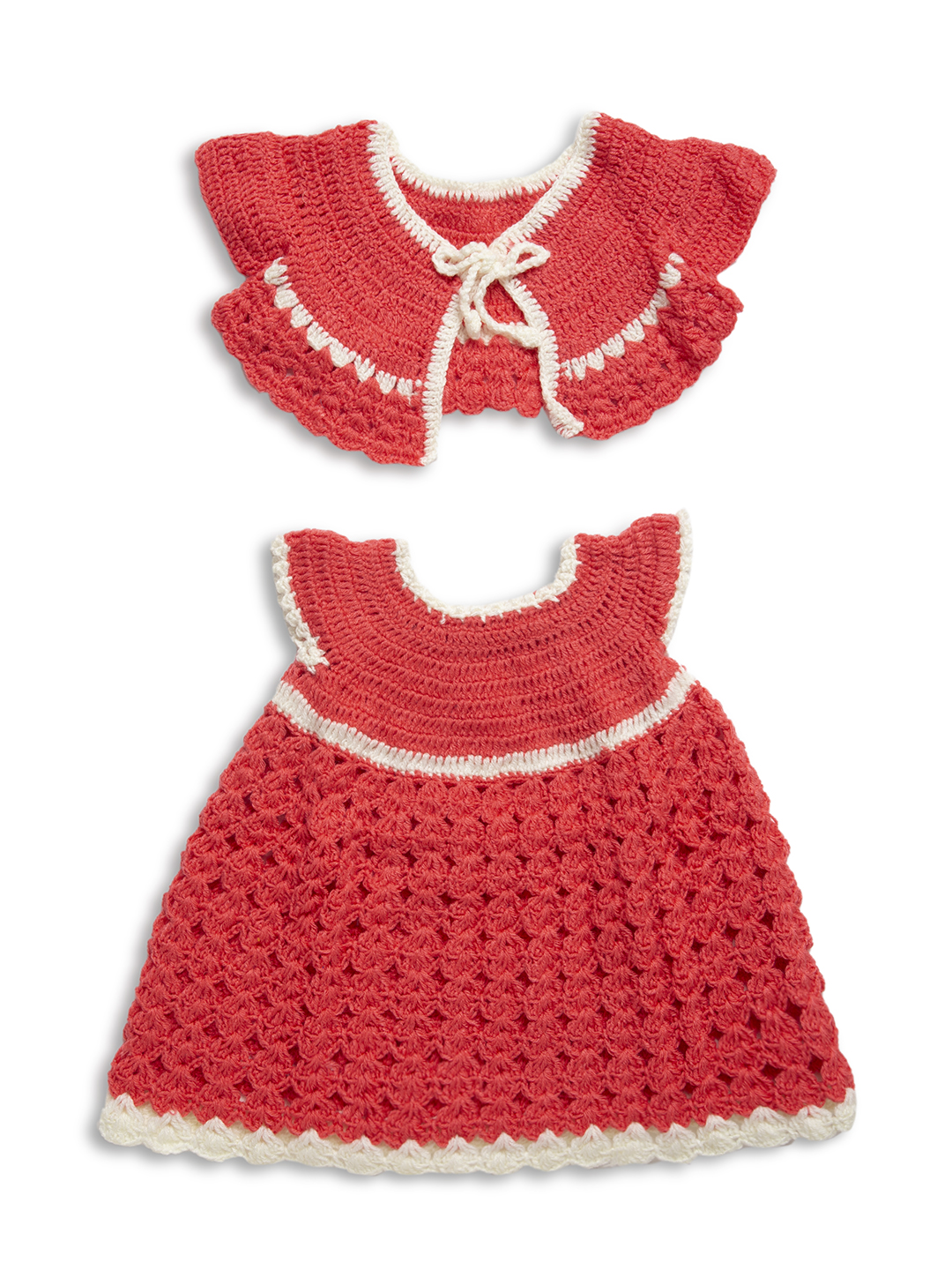 Woonie Short Sleeves Design Woven Handmade Dress With Shrug - Dark Orange