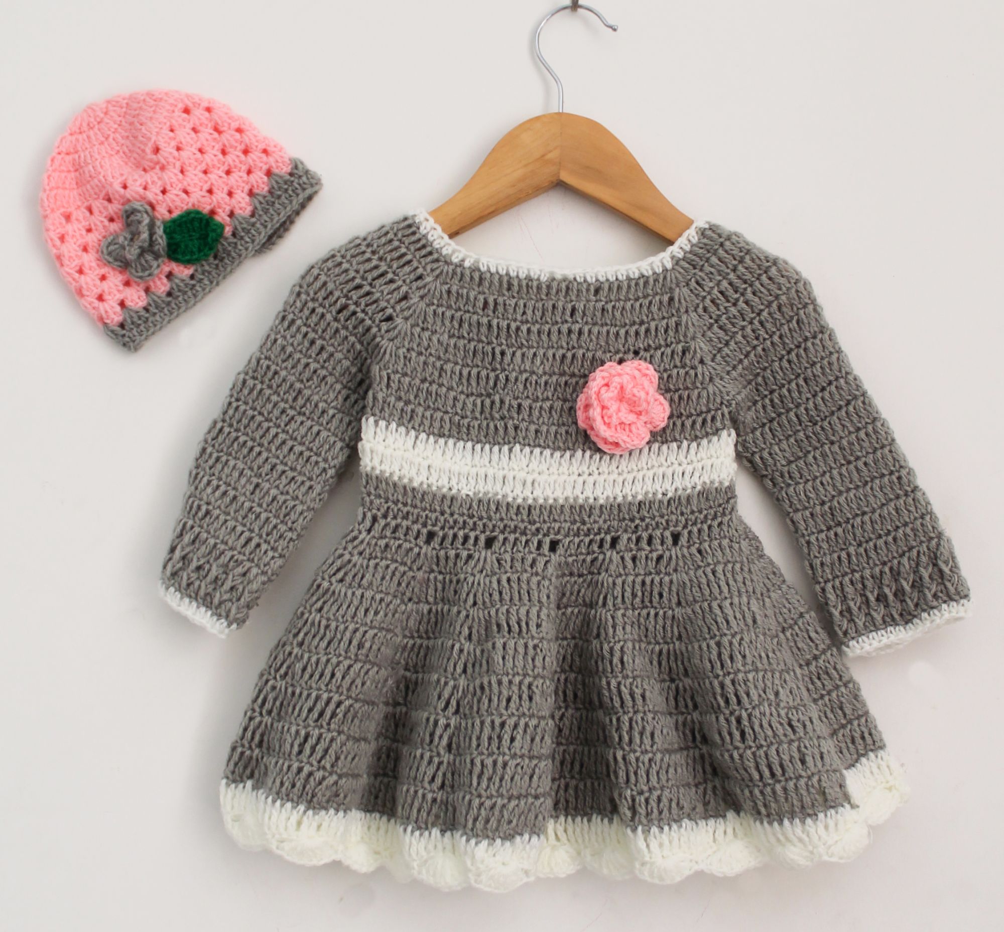 Woonie Full Sleeves Floral Detailing Handmade Dress With Cap - Grey