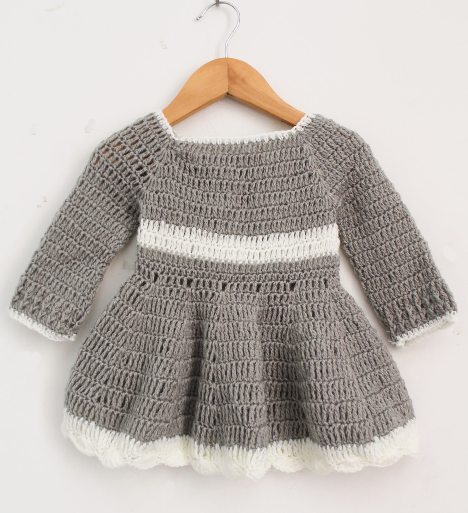 Woonie Full Sleeves Floral Detailing Handmade Dress With Cap - Grey