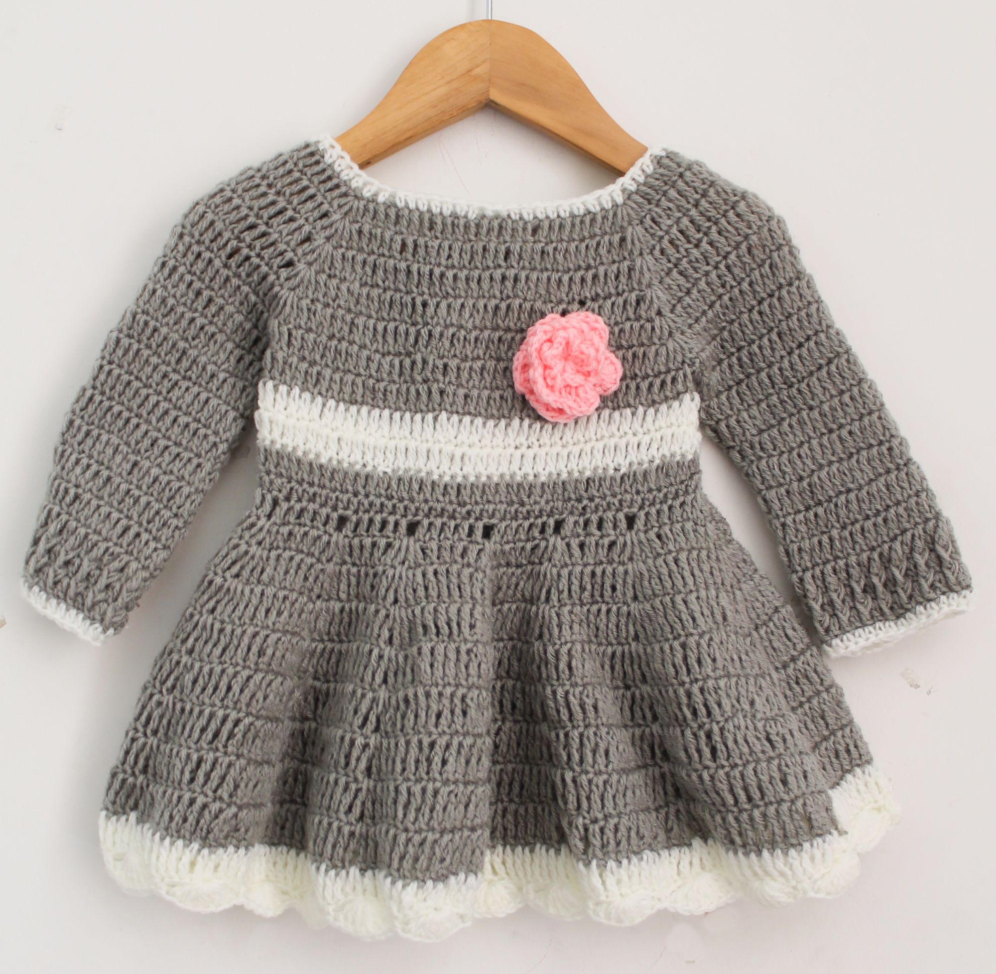 Woonie Full Sleeves Floral Detailing Handmade Dress With Cap - Grey