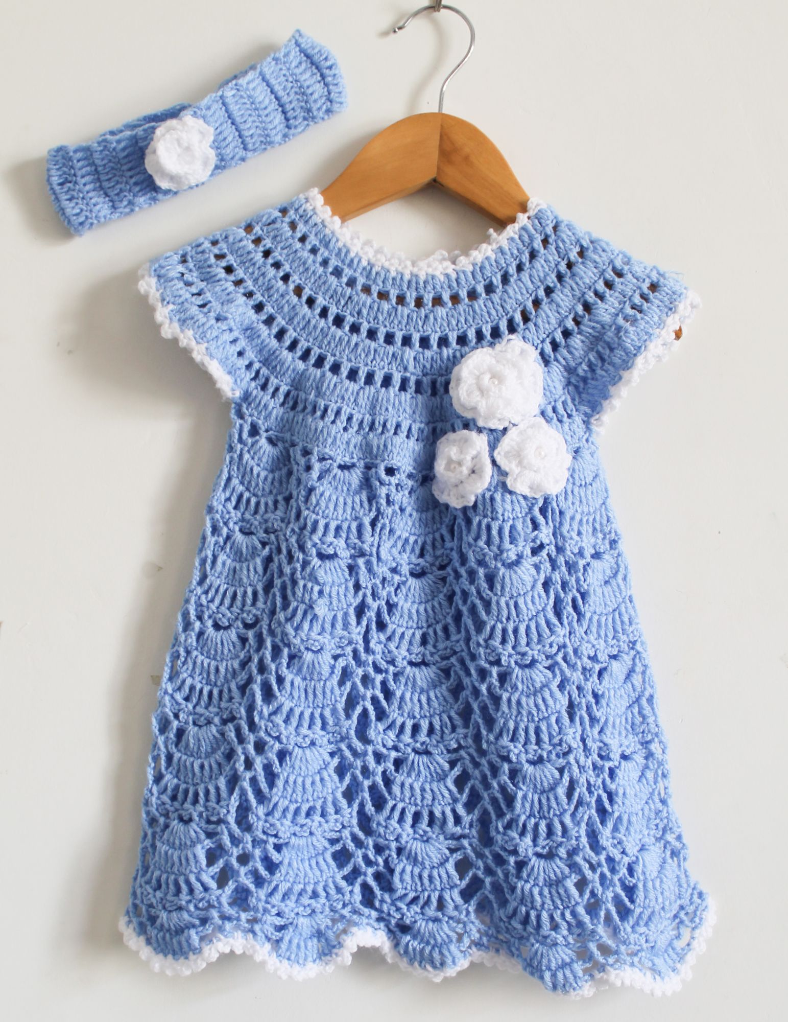Woonie Short Sleeves Floral Design Handmade Dress With Headband - Blue