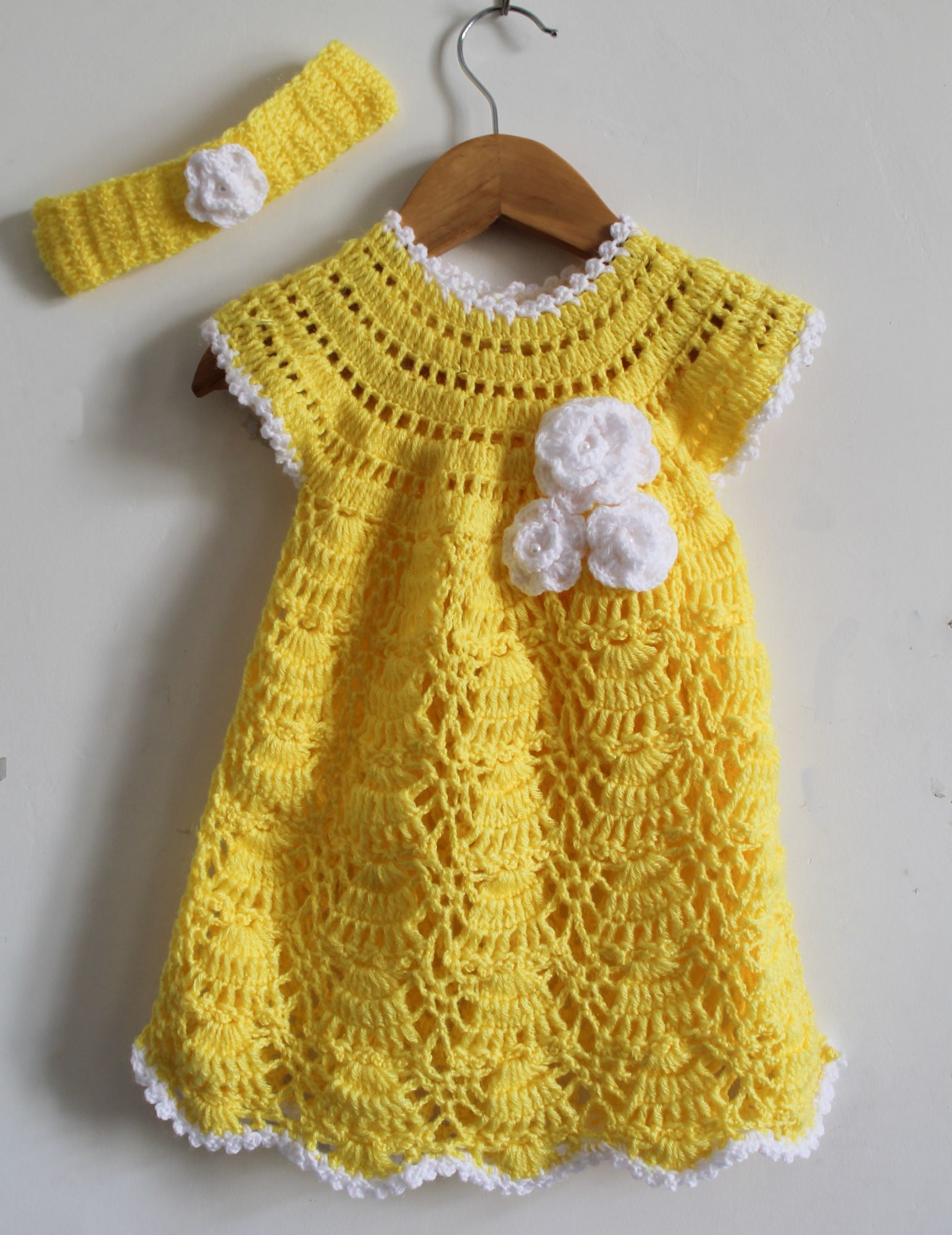 Woonie Short Sleeves Floral Design Handmade Dress With Headband - Yellow