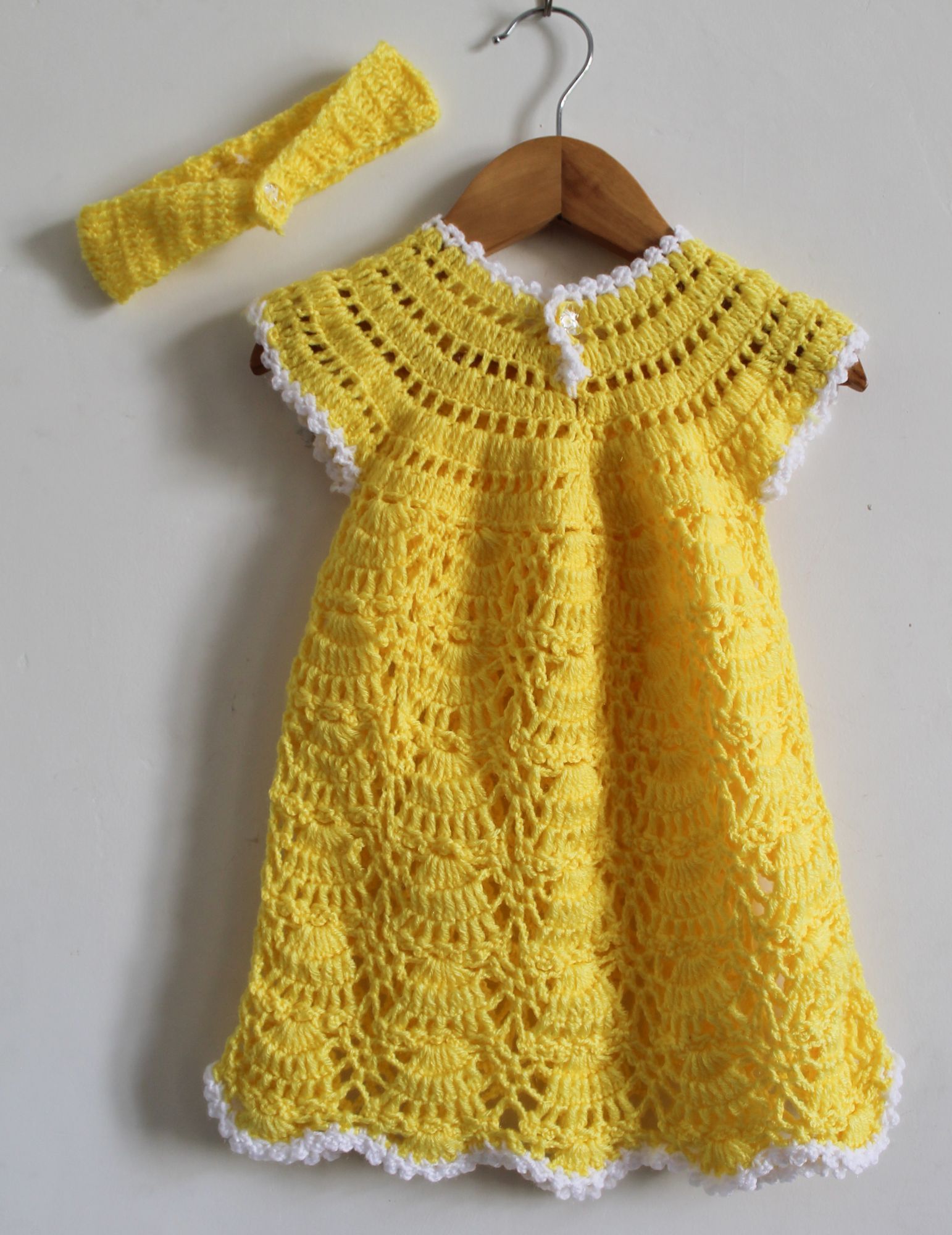 Woonie Short Sleeves Floral Design Handmade Dress With Headband - Yellow