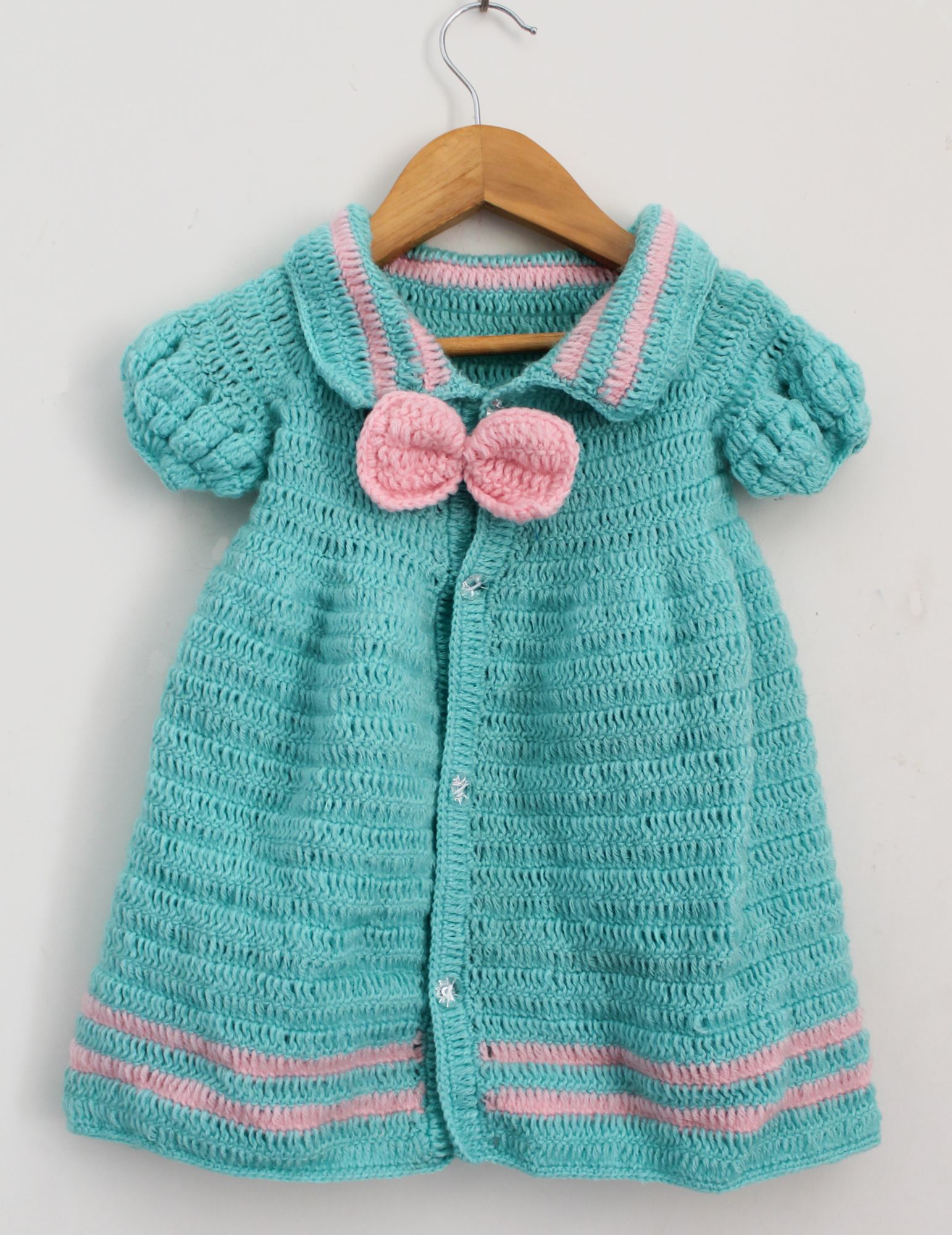 Woonie Short Sleeves Bow Detailing Handmade Dress With Cap - Green