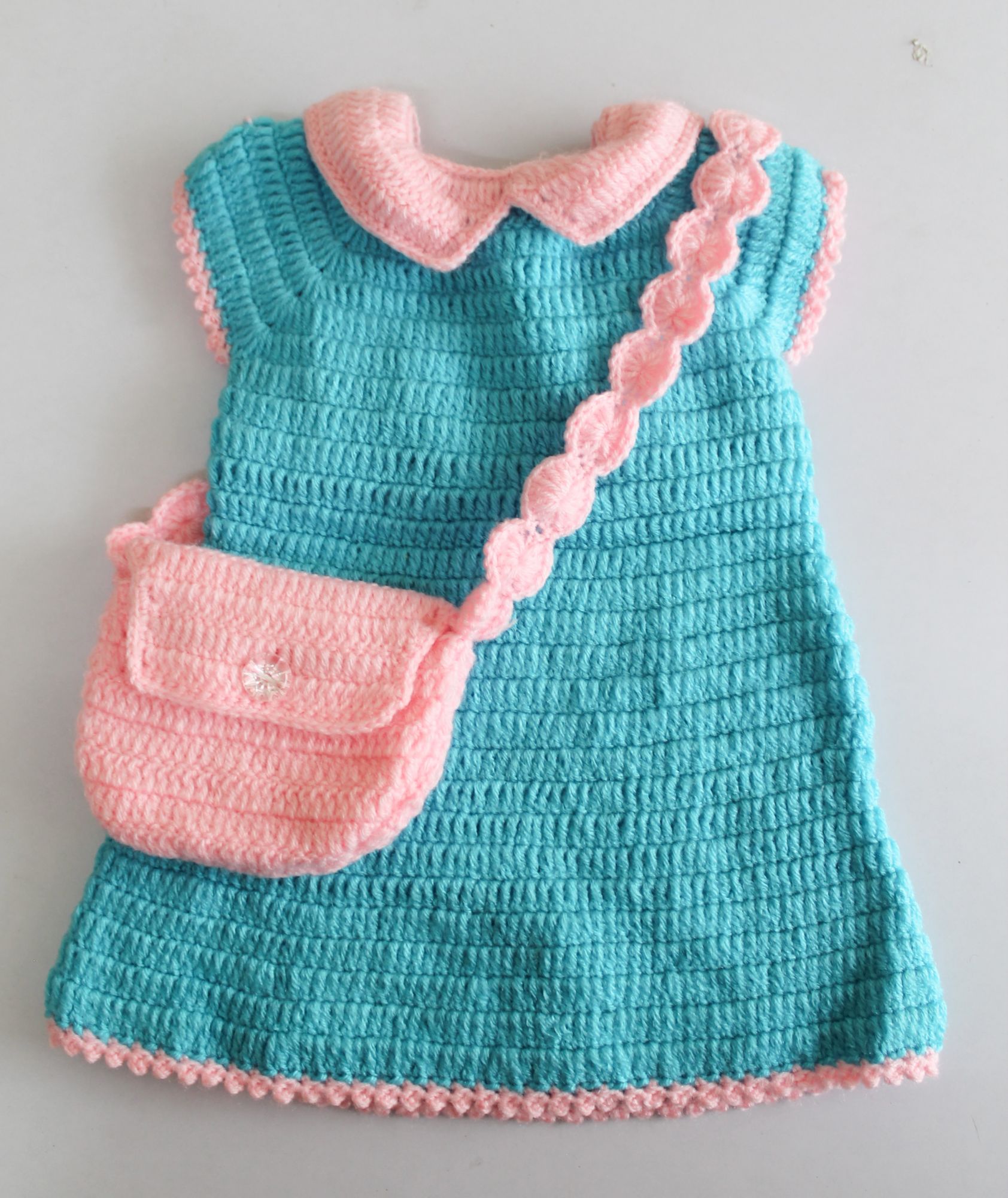 Woonie Short Sleeves Solid Colour Handmade Dress With Sling Bag - Blue