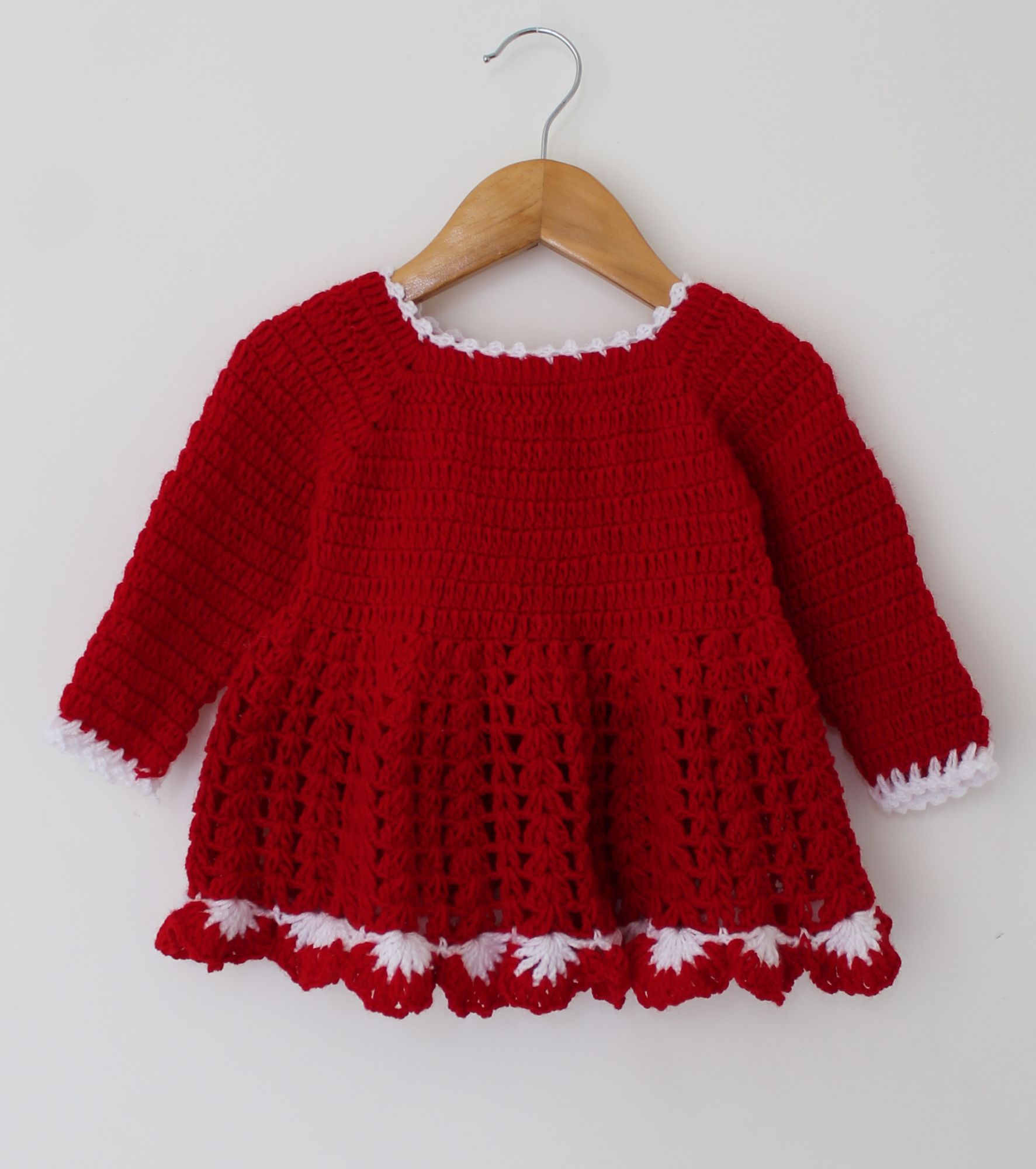 Woonie Full Sleeves Solid Colour Handmade Dress - Red