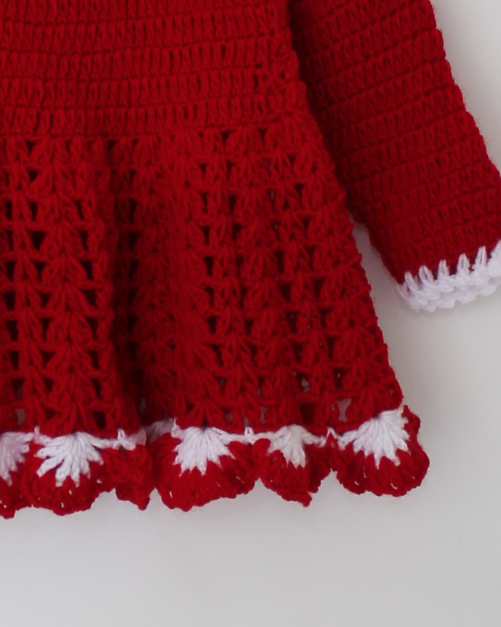 Woonie Full Sleeves Solid Colour Handmade Dress - Red