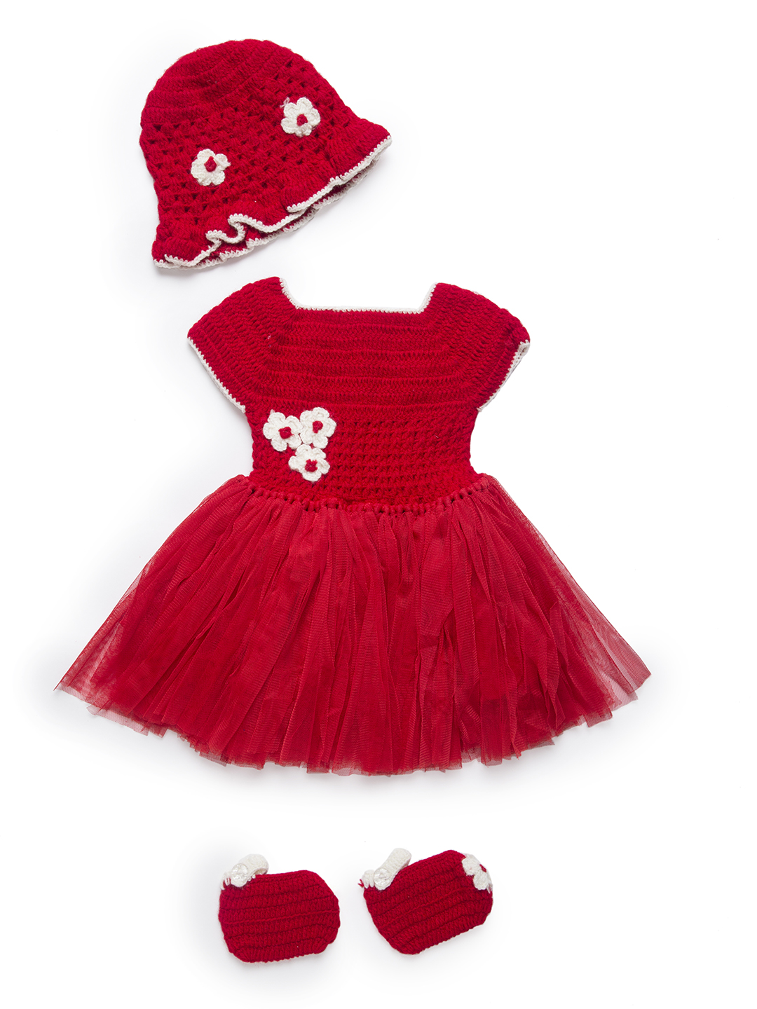 Woonie Sleeveless Flower Knit Handmade Dress With Cap & Booties - Red