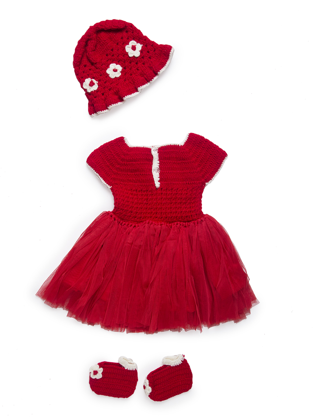 Woonie Sleeveless Flower Knit Handmade Dress With Cap & Booties - Red
