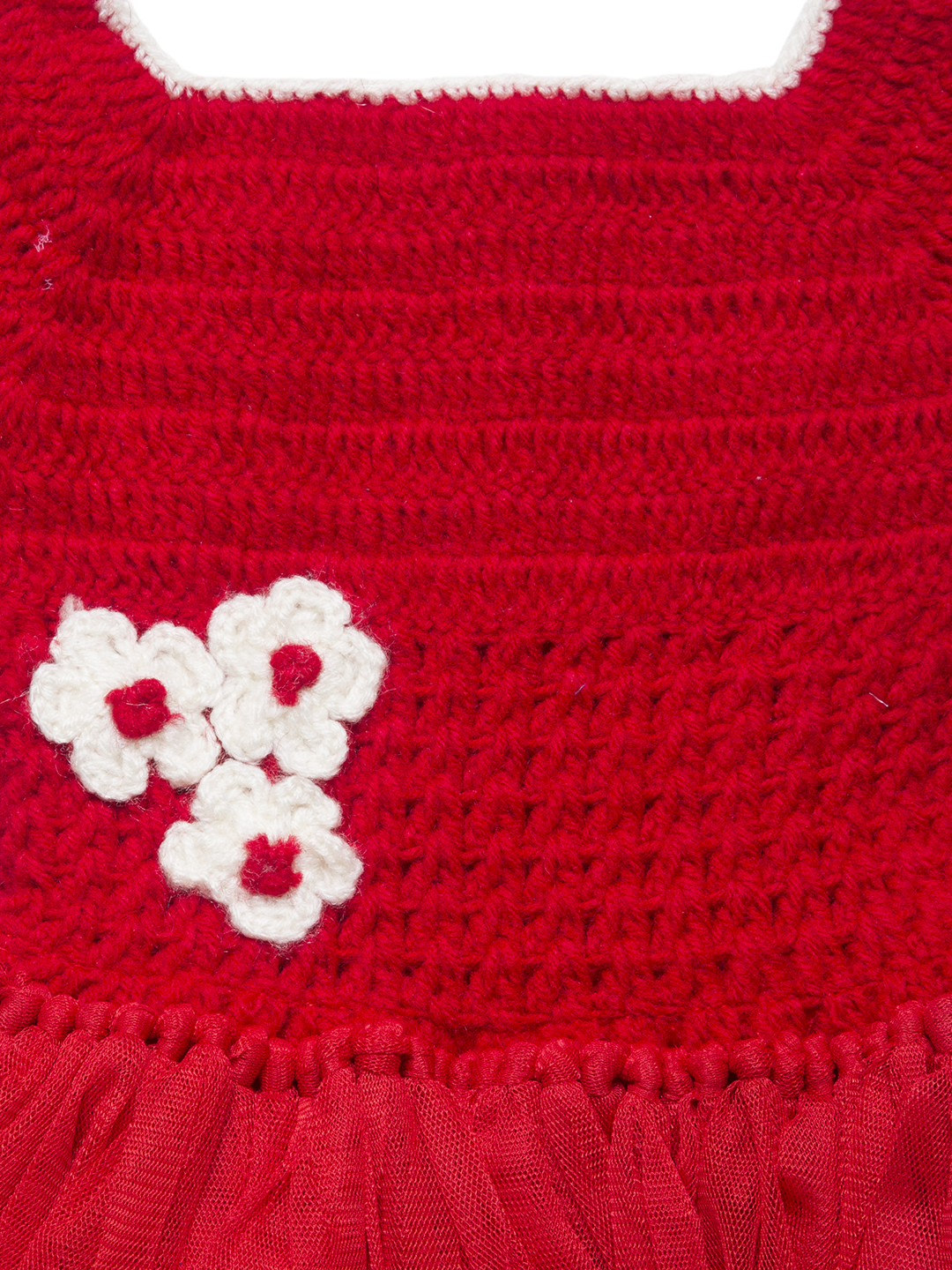 Woonie Sleeveless Flower Knit Handmade Dress With Cap & Booties - Red