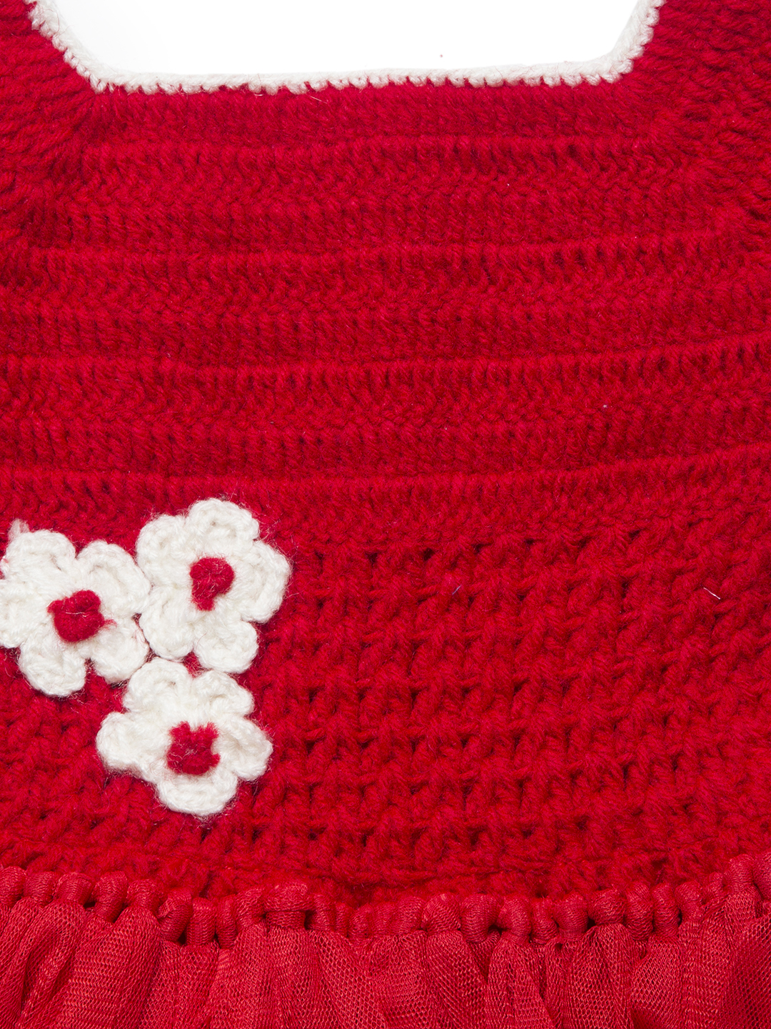 Woonie Sleeveless Flower Knit Handmade Dress With Cap & Booties - Red