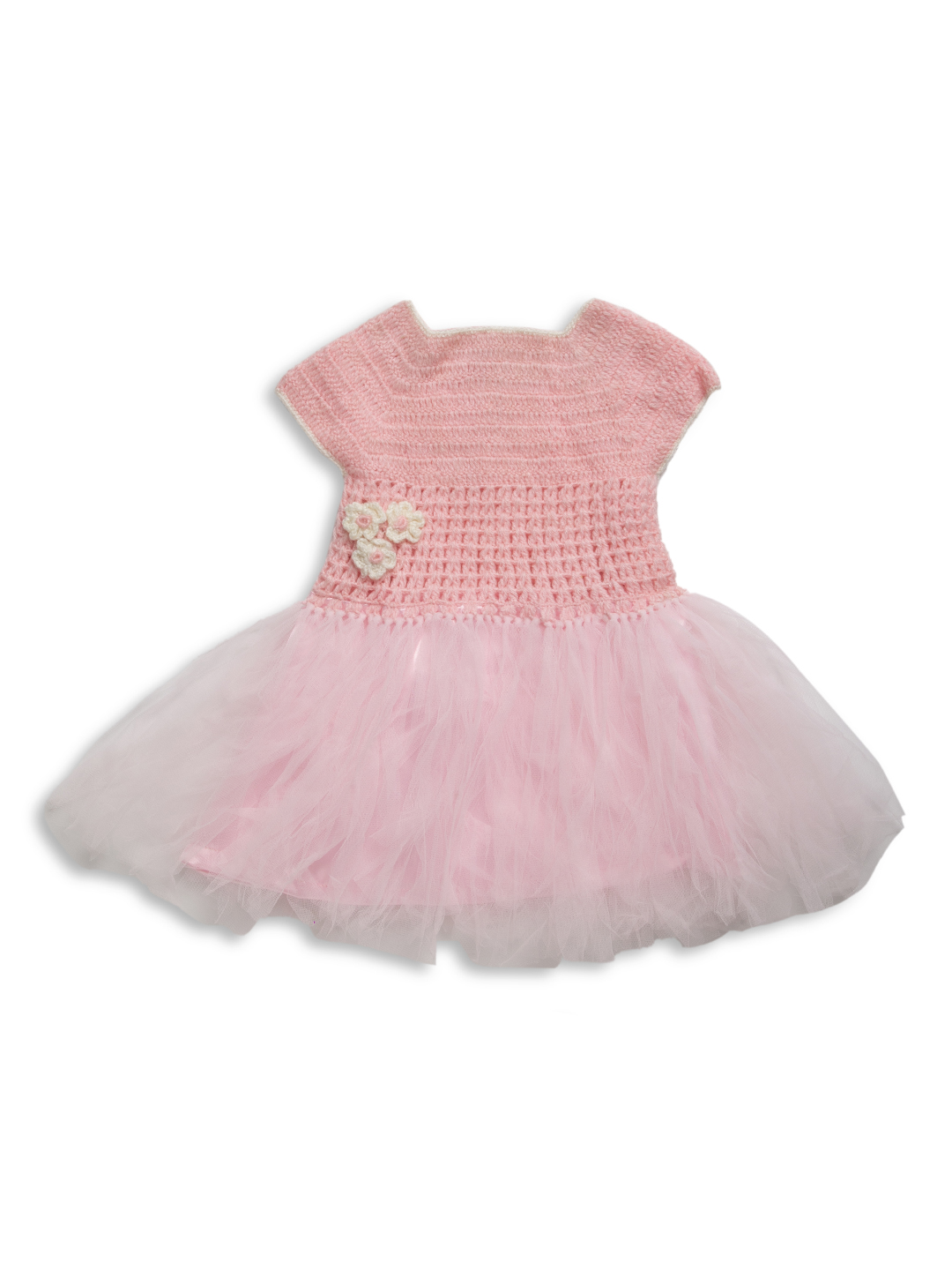 Woonie Solid Colour Handmade Short Sleeves Dress With Cap & Booties - Pink