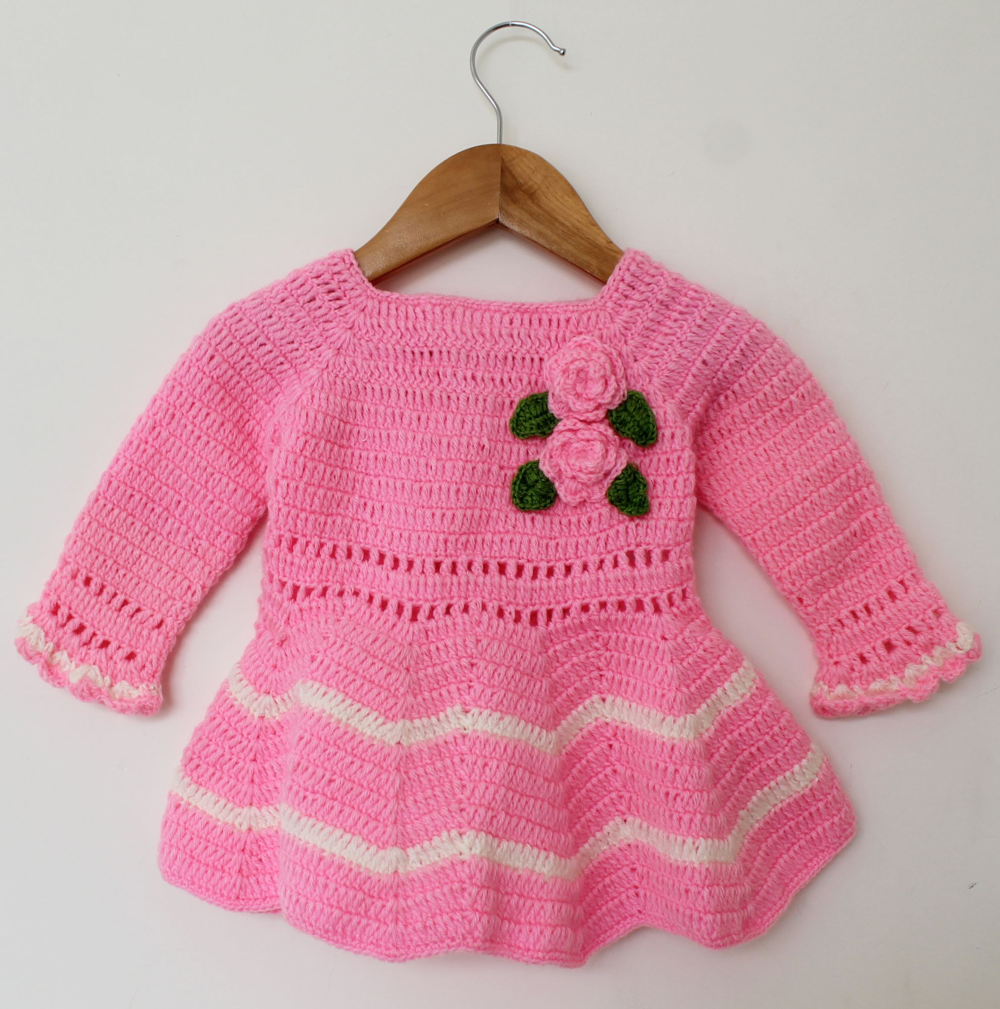 Woonie Flower Design Full Sleeves Handmade Dress - Pink